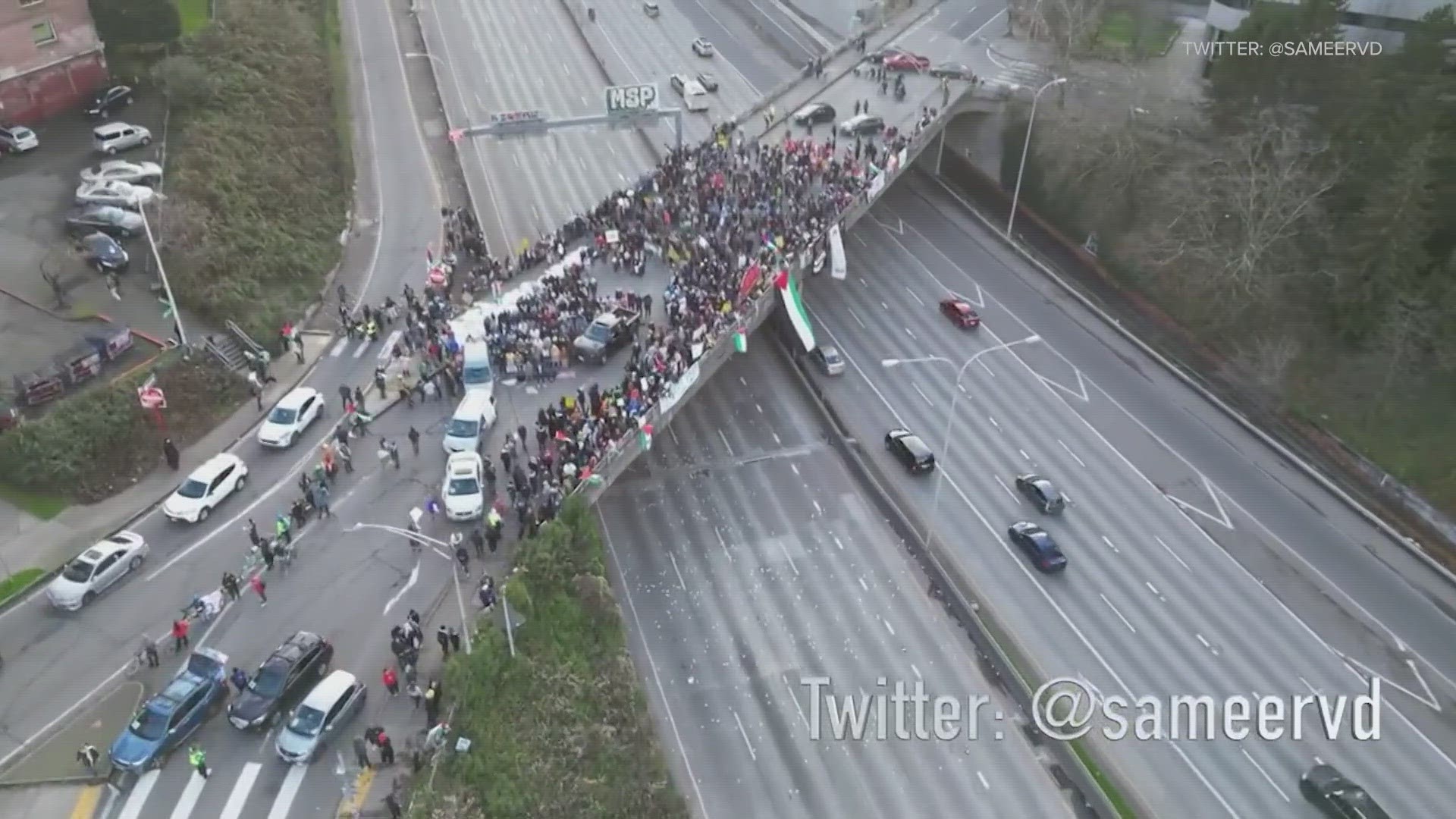 At one point during the backup, traffic stretched 6 miles. Protesters have since left the freeway and traffic is moving once again.