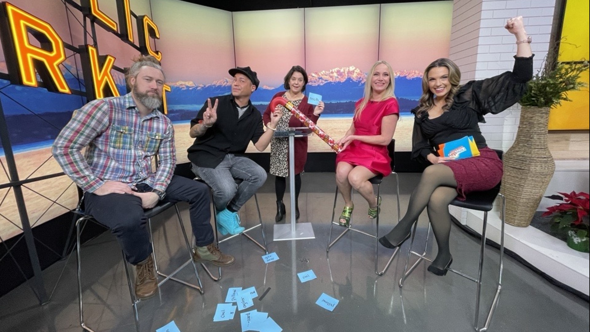 Jose Cedeno from KING 5 Evening, New Day production specialist Derek Price, and Linda Miller Nicholson of Salty Seattle joined Amity for a game of Password. #newday