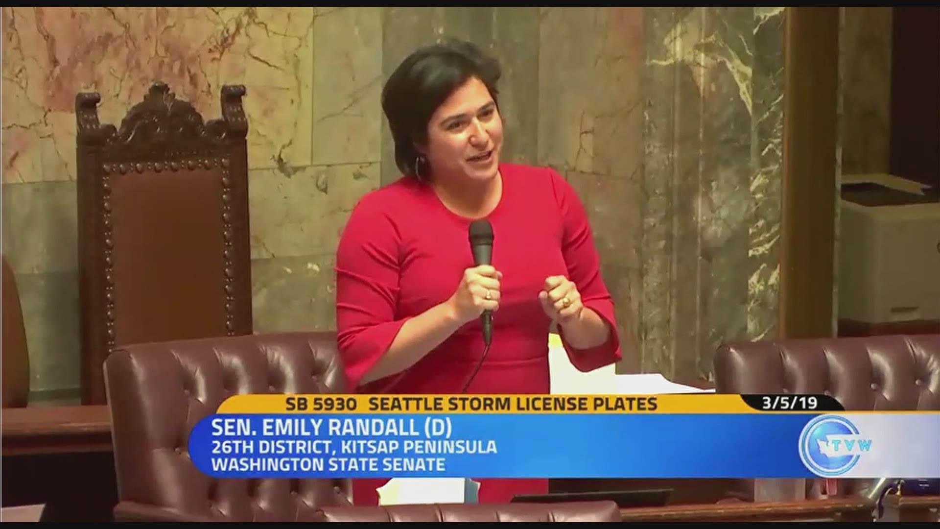 Sen. Emily Randall, D-Bremerton, explains why she’s sponsoring a bill to authorize the sale of Seattle Storm license plates.