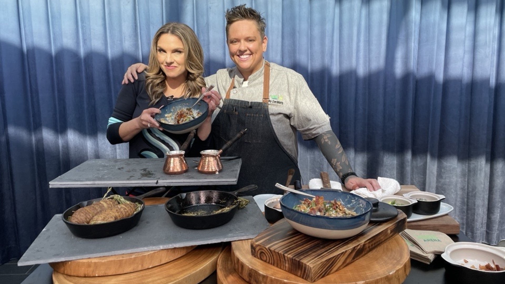 Climate Pledge Arena Executive Chef Molly De Mers shows us how to make a roasted hasselback potato topped with Beecher's cheese and bacon pop rocks! #newdaynw