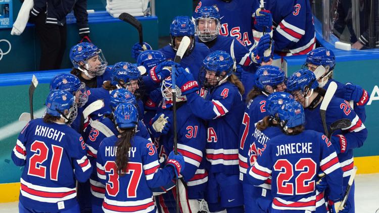 Team United States celebrates after their win over Sweden in a women's ice hockey semifinal match at the 2026 Winter Olympics on Feb. 16, 2026.