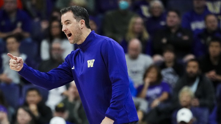 Washington coach Danny Sprinkle reacts on the sideline during the first half of an NCAA college basketball, game Sunday, Jan. 5, 2025, in Seattle.