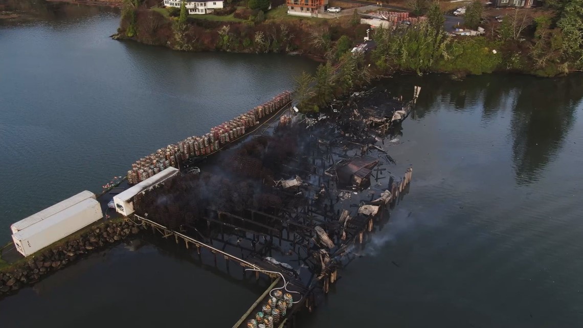 Aerials of Ilwaco seafood facility destroyed in fire