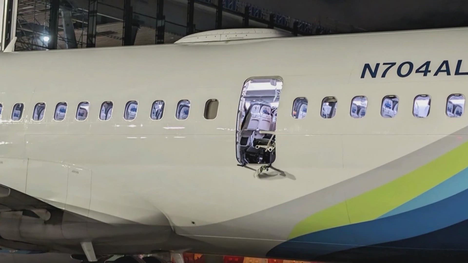 A photo obtained from Boeing shows the door plug reattached to the plane without bolts that were intended to prevent the door plug from moving vertically.