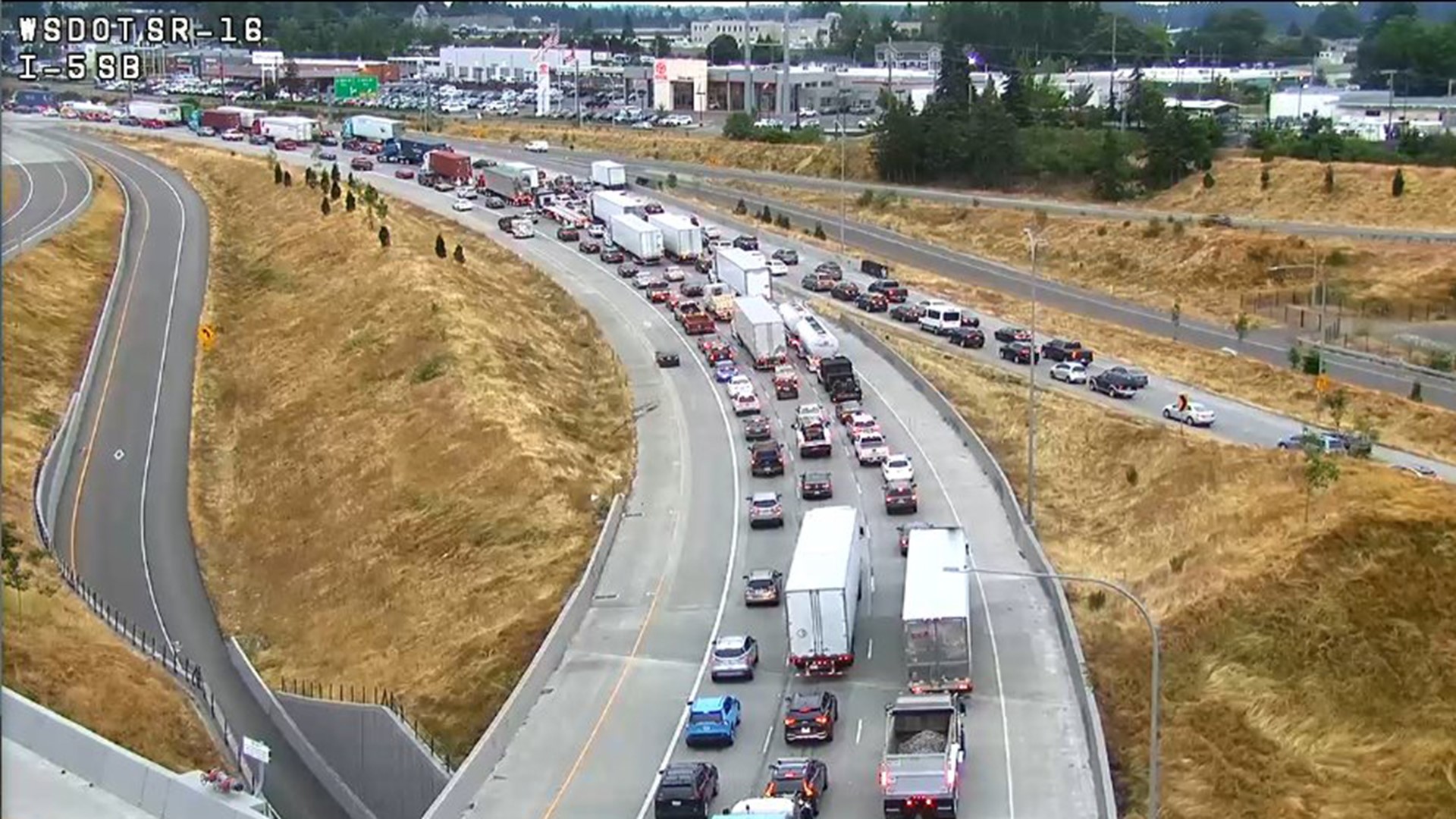 A crash involving three cars and a motorcycle blocked all southbound lanes of I-5 in Tacoma for more than six hours early Tuesday morning.
