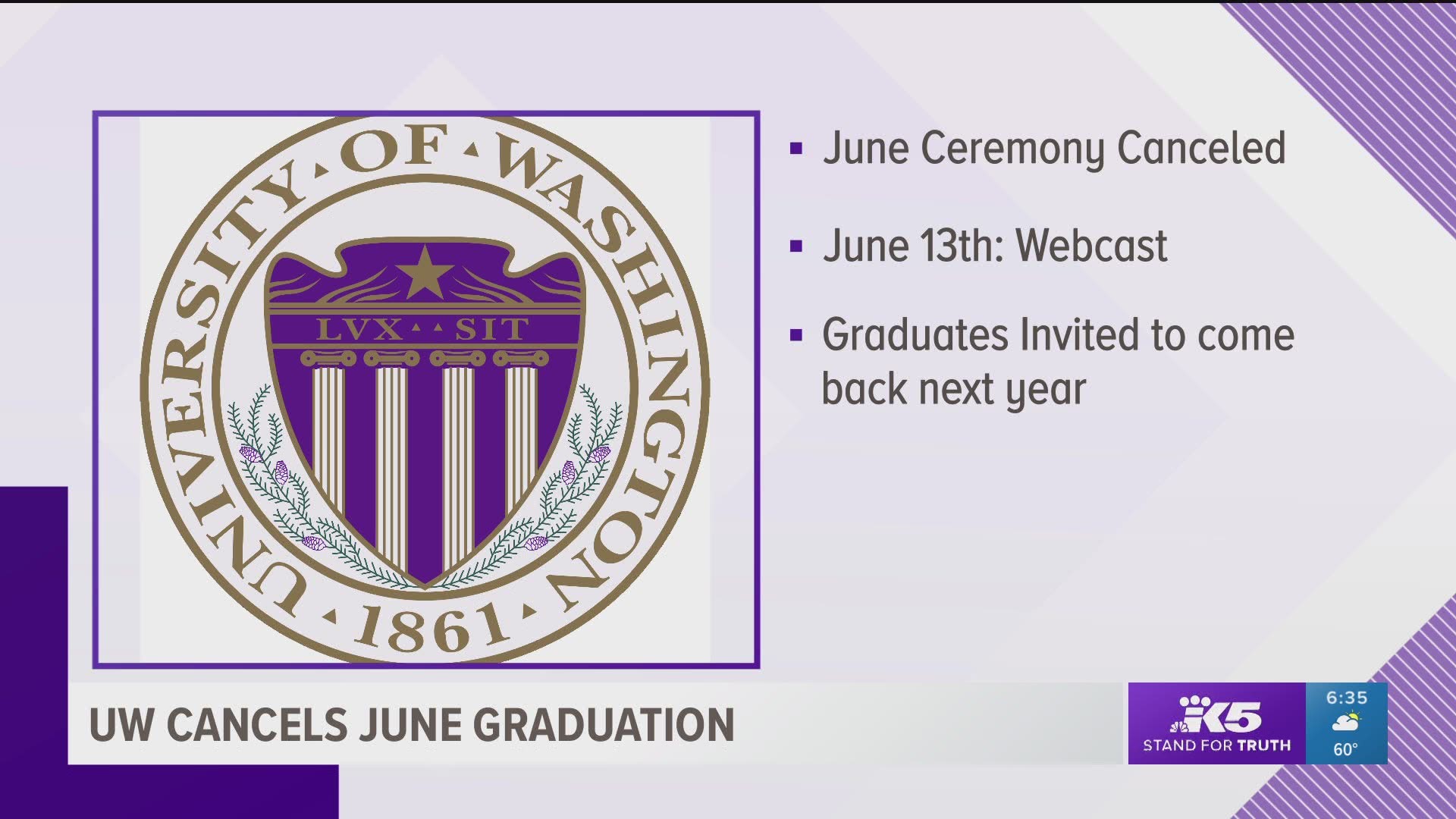 Seattle University and the University of Washington will not have in-person graduation ceremonies this spring due to the coronavirus pandemic.