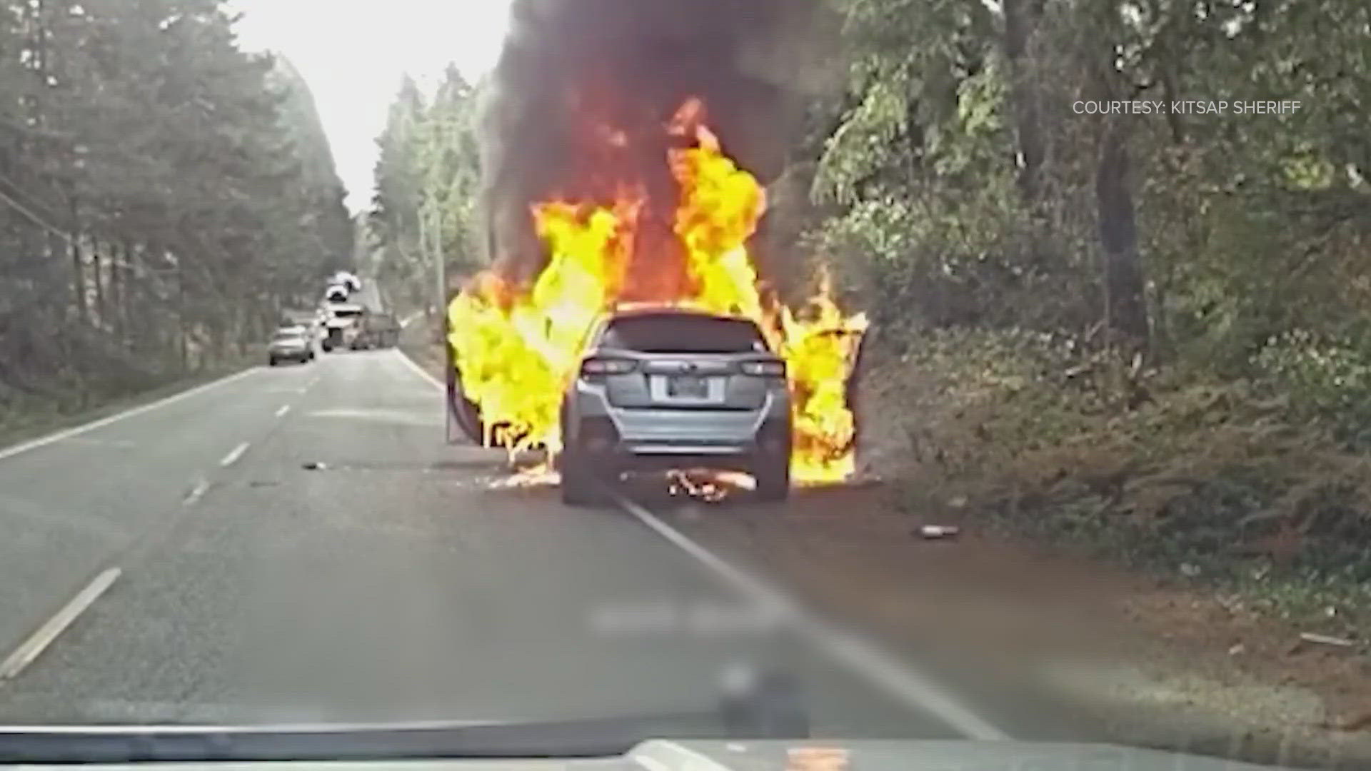 A Kitsap Co. deputy doing some paper work on the side of the road got a driver stopped and out of his car before it burst into flames, saving the man and his dog