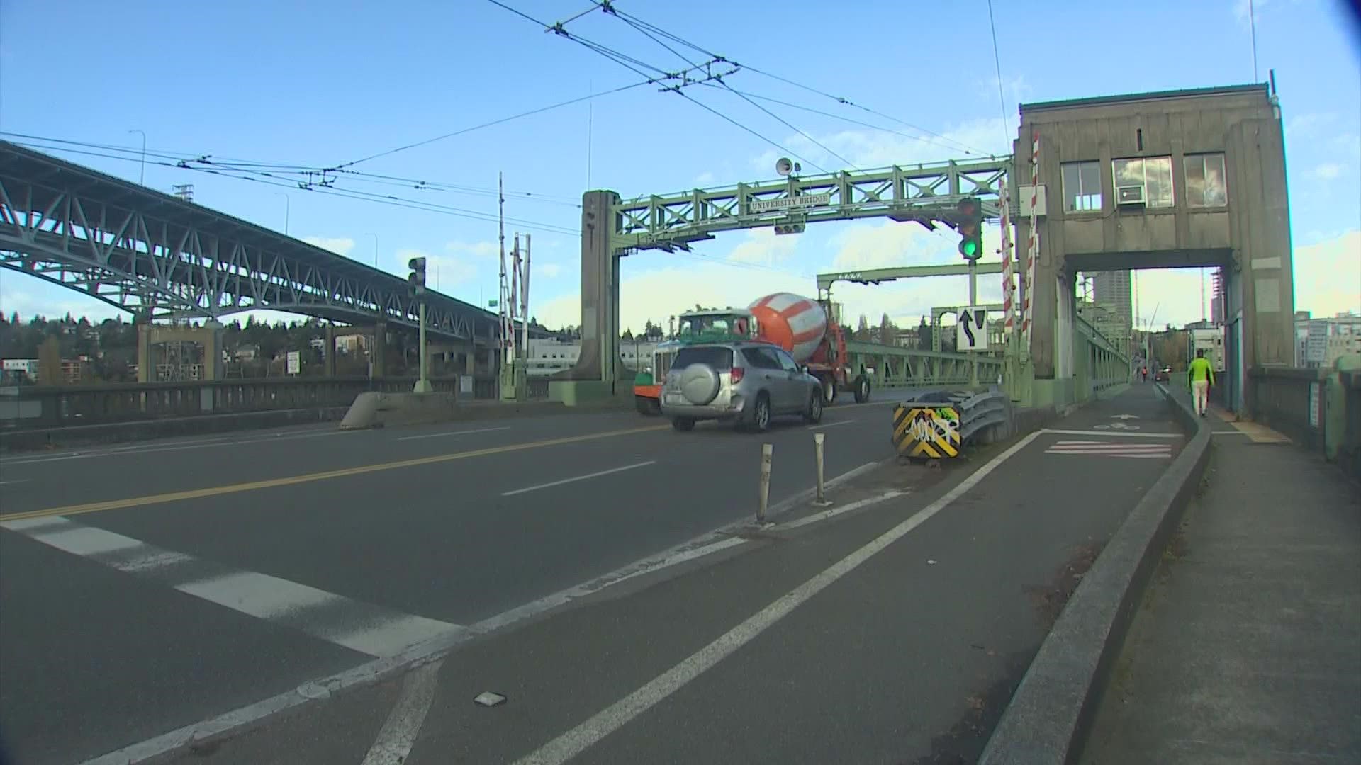 The University Bridge, which connects the U District to Eastlake, was stuck upright during the Friday evening commute and Saturday Husky game.