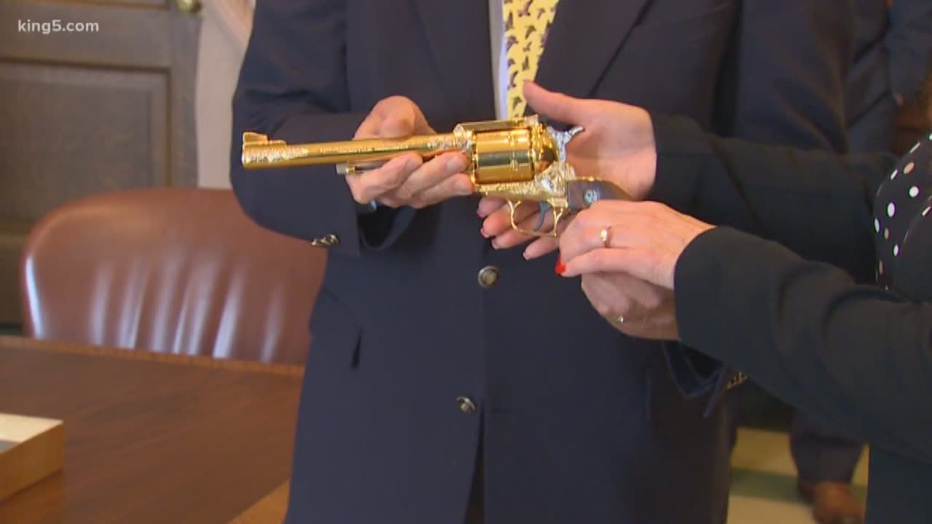 Thirty years after it was stolen, a piece of state history is back at the Capitol in Olympia. The special handgun made to celebrate the state's 100th anniversary, was thought to be lost forever. South Bureau Chief Drew Mikkelsen explains how the case of the "golden gun" was solved.