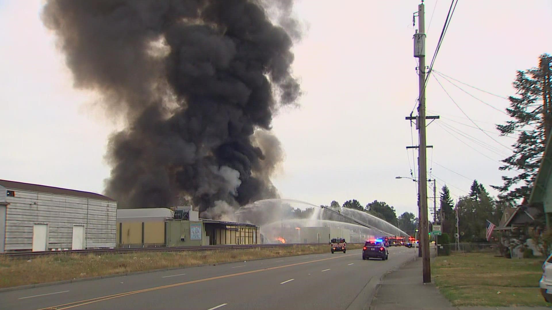 The fire is burning in a cold storage facility. There are no reports of any injuries.