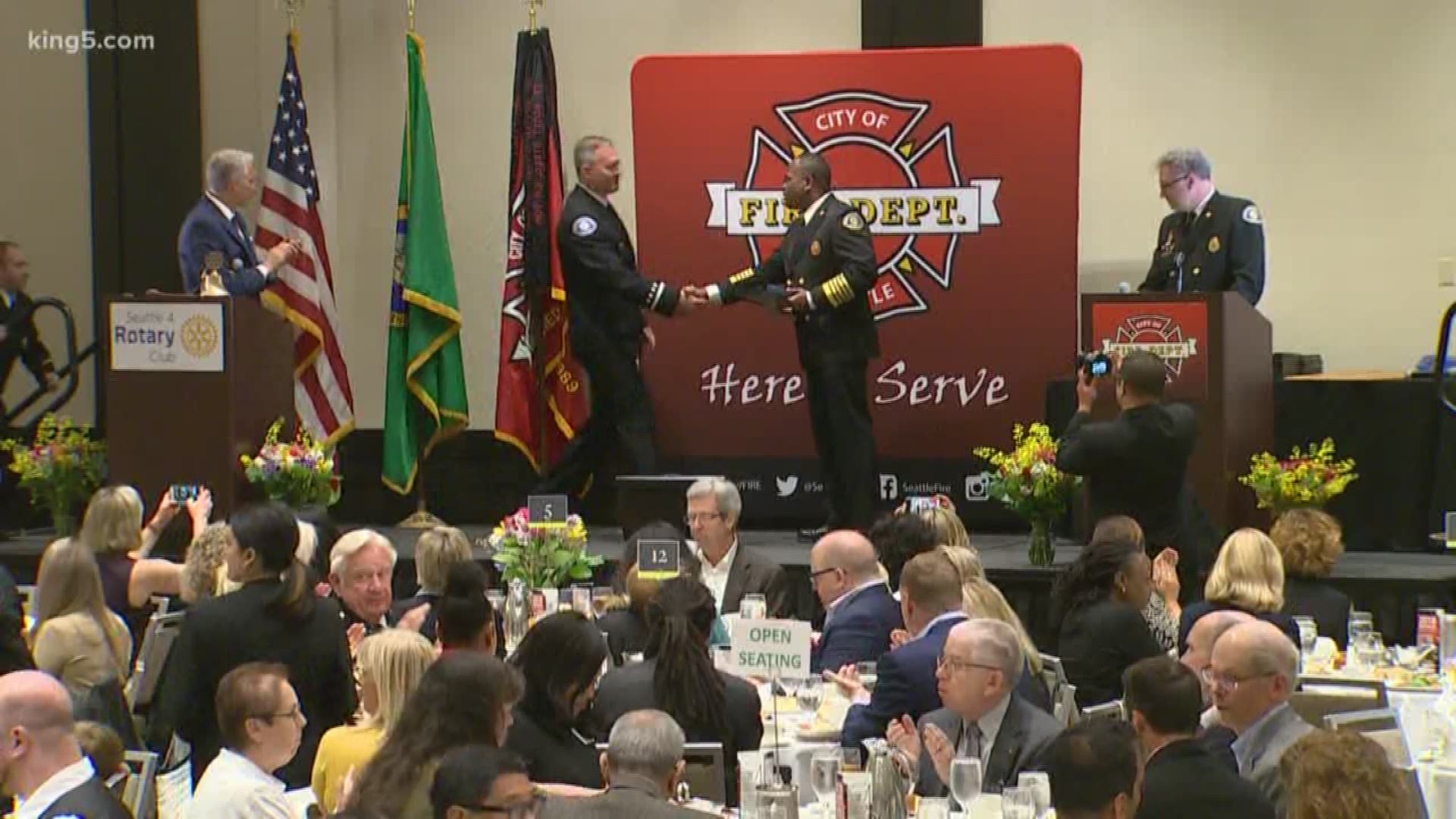 Seattle Fire Chief Harold Scoggins awarded the men and women of the department for their bravery in the line of duty, and while off duty as well. Chief Scoggins also took a moment to honor civilians who heroically saved lives, including the Metro Bus Driver who was wounded in a recent shooting in the Lake City neighborhood. KING 5 anchor Mark Wright reports.