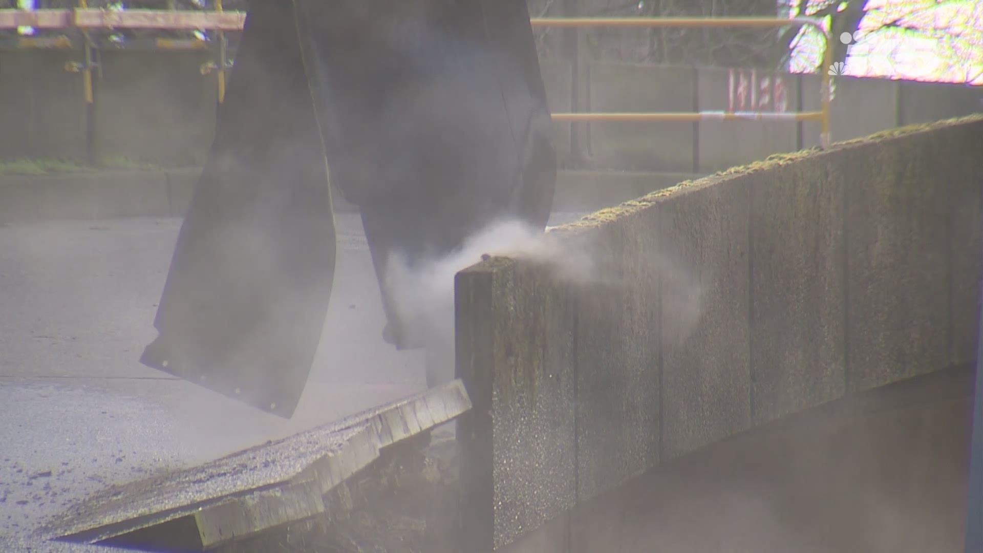 Crews begin demolition work on the Columbia Street ramp on the Alaskan Way Viaduct on February 15, 2019.