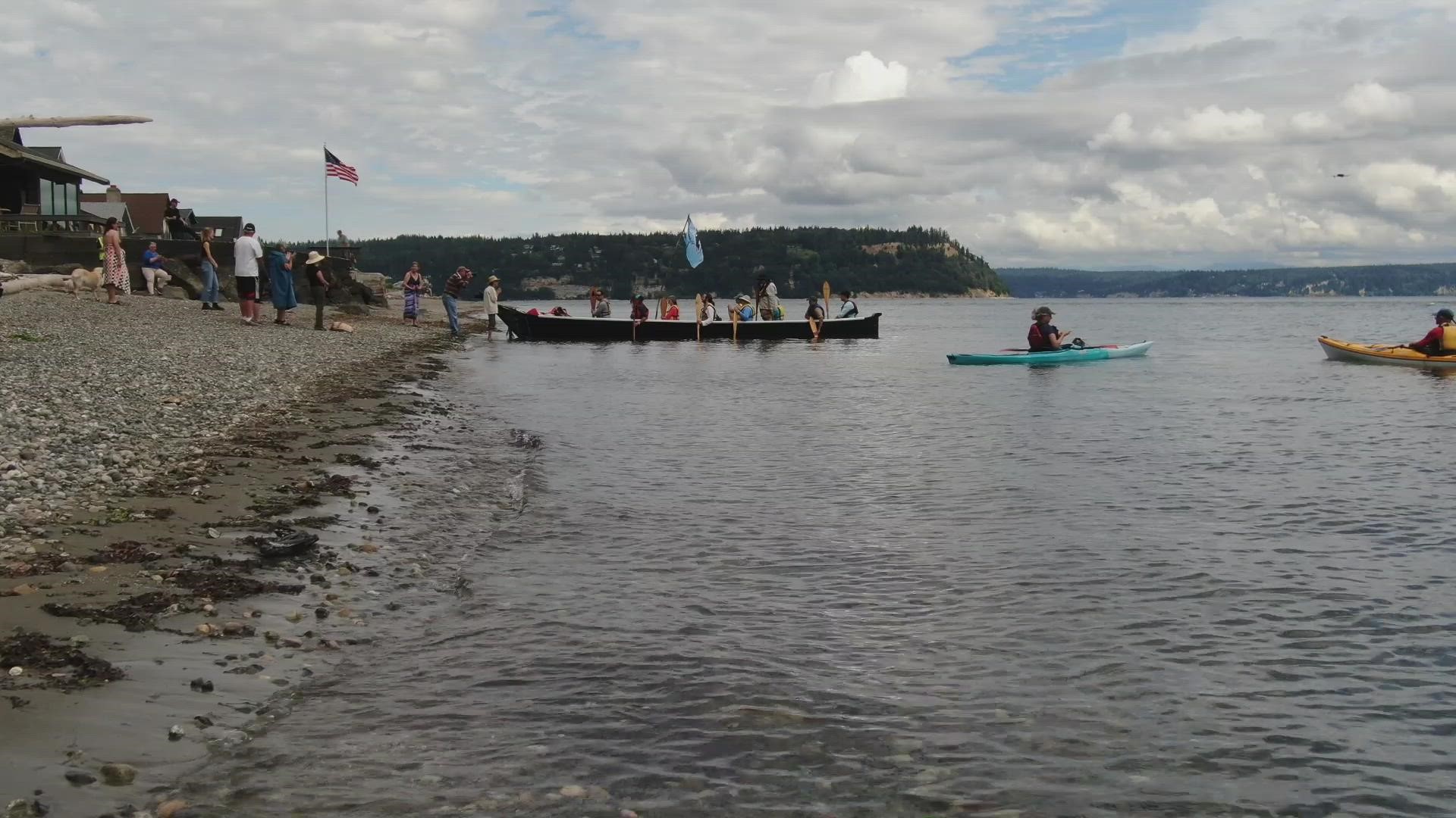 The Snohomish Tribe is returning to its native land through a canoe trip across Puget Sound. On Thursday, they stopped at Langley on Whidbey Island.