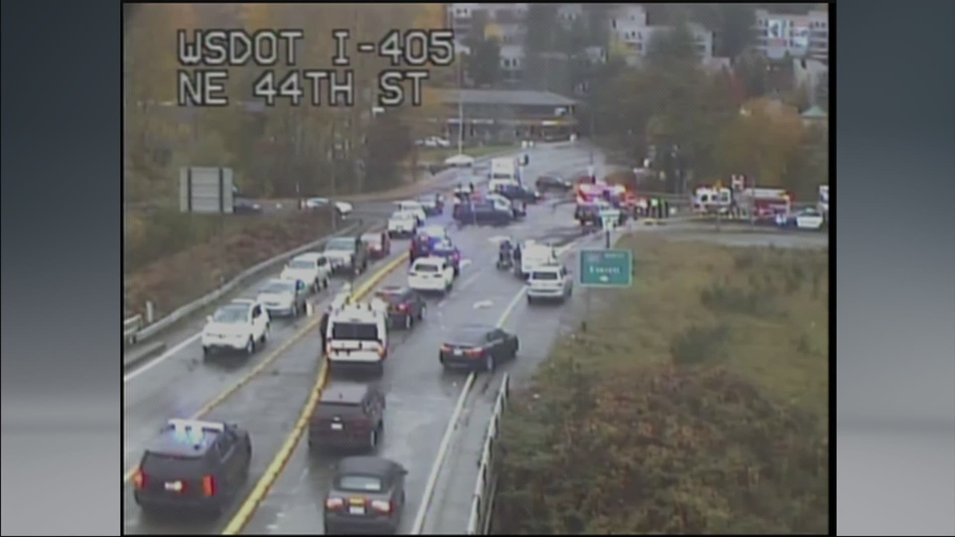 An officer fired at a naked suspect, who raised a gun at the officer, in Renton on Nov. 12, 2019. Ramps to I-405 at NE 44th Street closed while police investigate.
