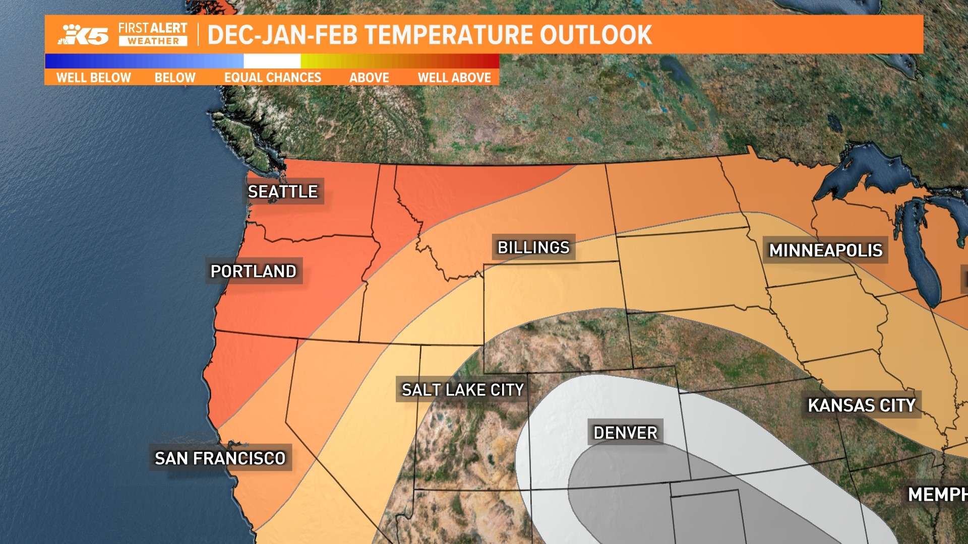 In western Washington, NOAA forecasted a high probability of above-normal temperatures and equal chances of below, near or above-normal precipitation this winter.