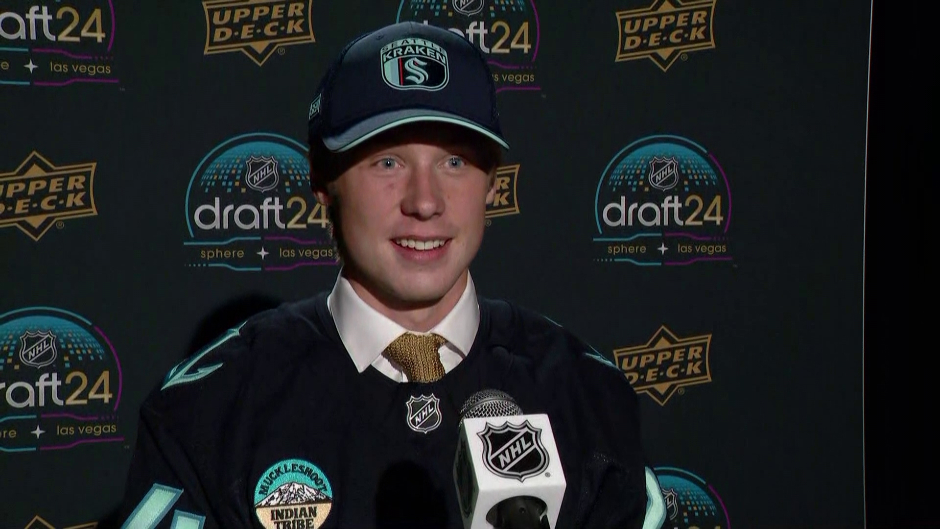 Seattle Kraken Round 1 draft pick Berkly Catton speaks to media on June 28. He is the eighth overall pick in the 2024 NHL Draft.