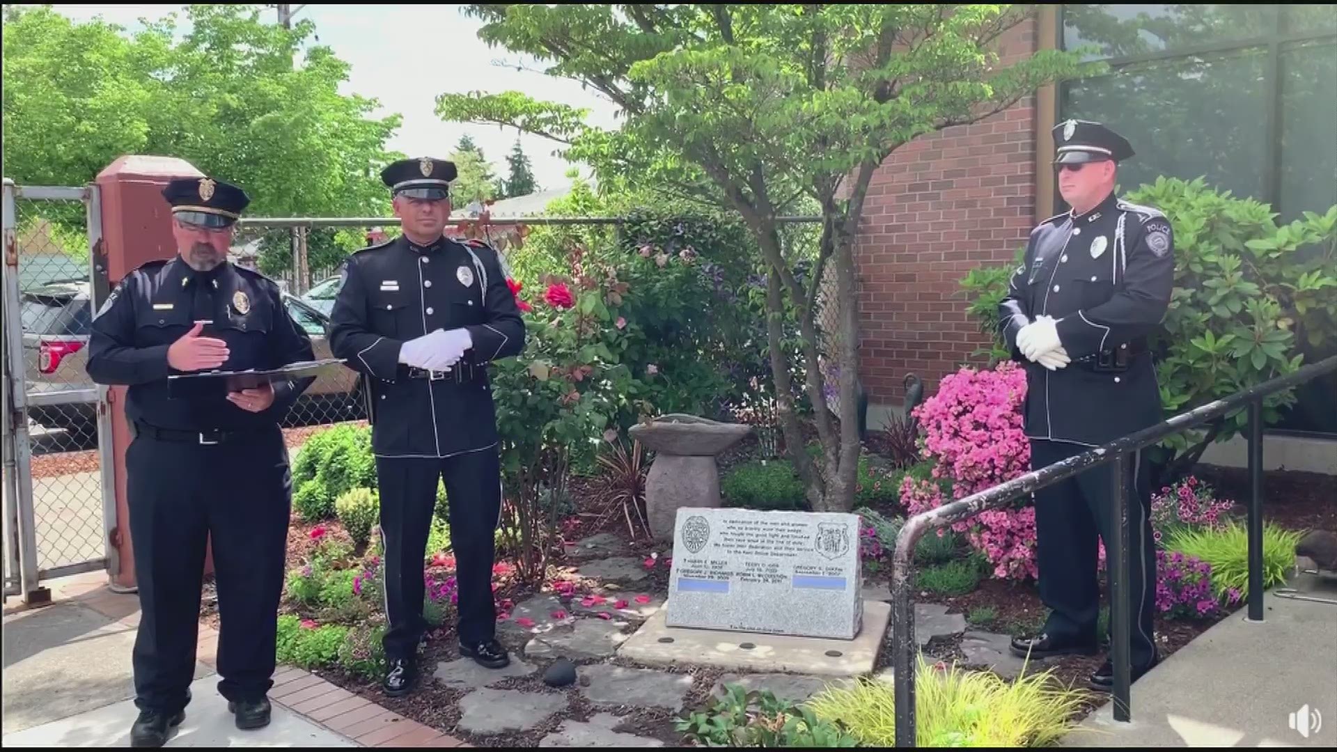 Fallen Kent Officer Diego Moreno’s name was added to a memorial stone at the department’s headquarters Friday.