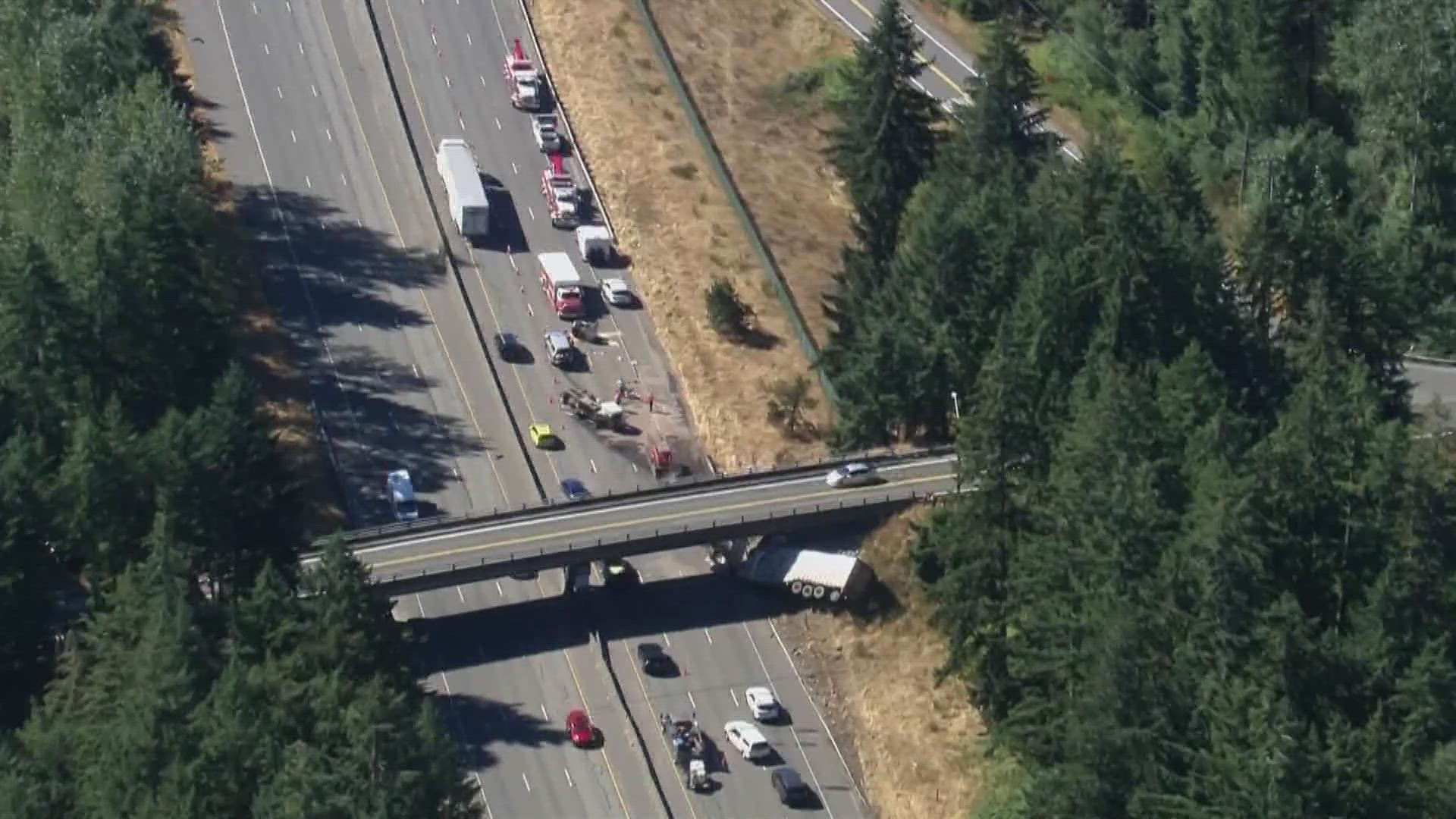 A semi-truck crash south of Tumwater caused a backup of at least seven miles on southbound I-5 Monday morning.