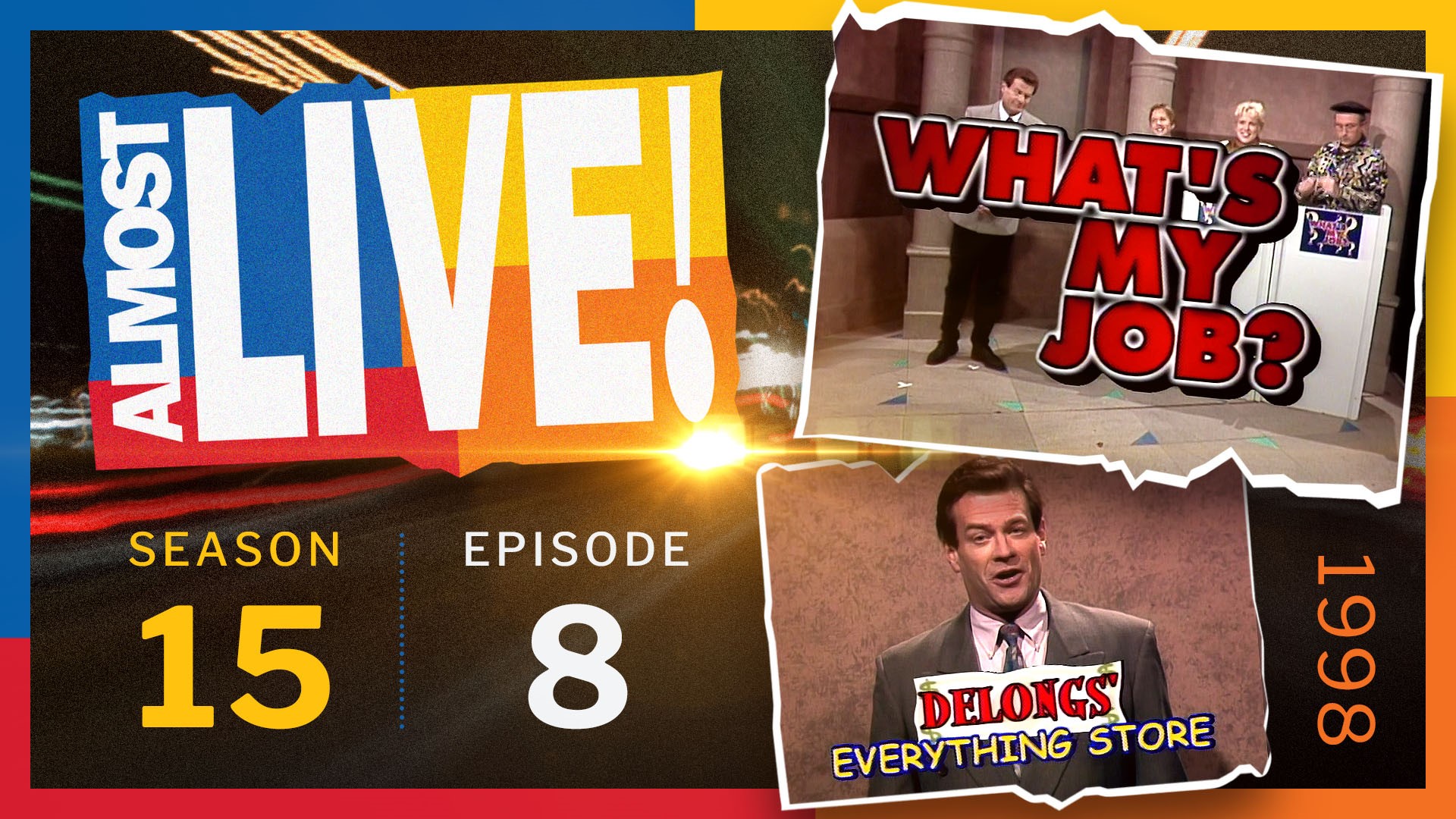 Originally aired Nov. 21, 1998. Sketches: Power Outage Report; What’s My Job?; Delongs’ Everything Store; The Late Report; Meeting Distractions. Bill Nye flashback.