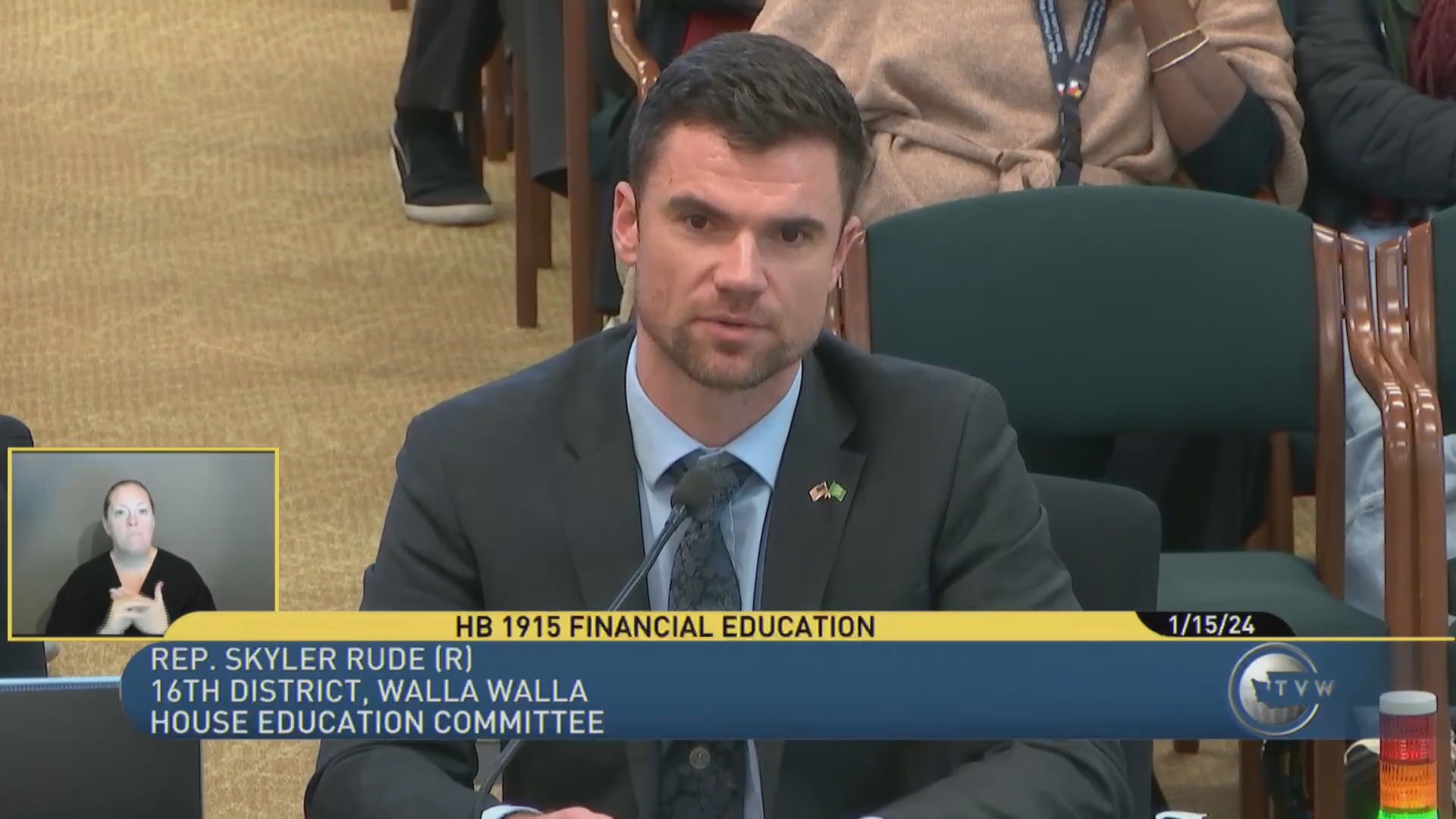 On Jan. 15, 2024, state Rep. Skylar Rude explains a bill that would make financial education mandatory for Washington students to graduate high school. Video: TVW.