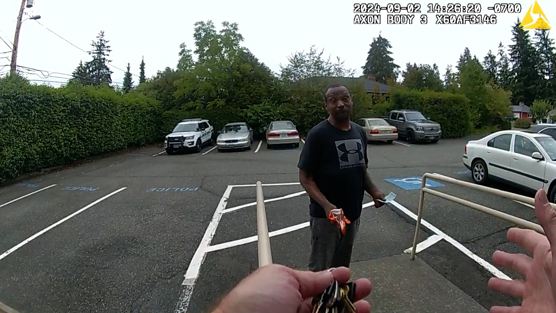 New video shows I-5 shooting spree suspect Eric Perkins attempting to get help from Fircrest police, saying people were following him and trying to kill him