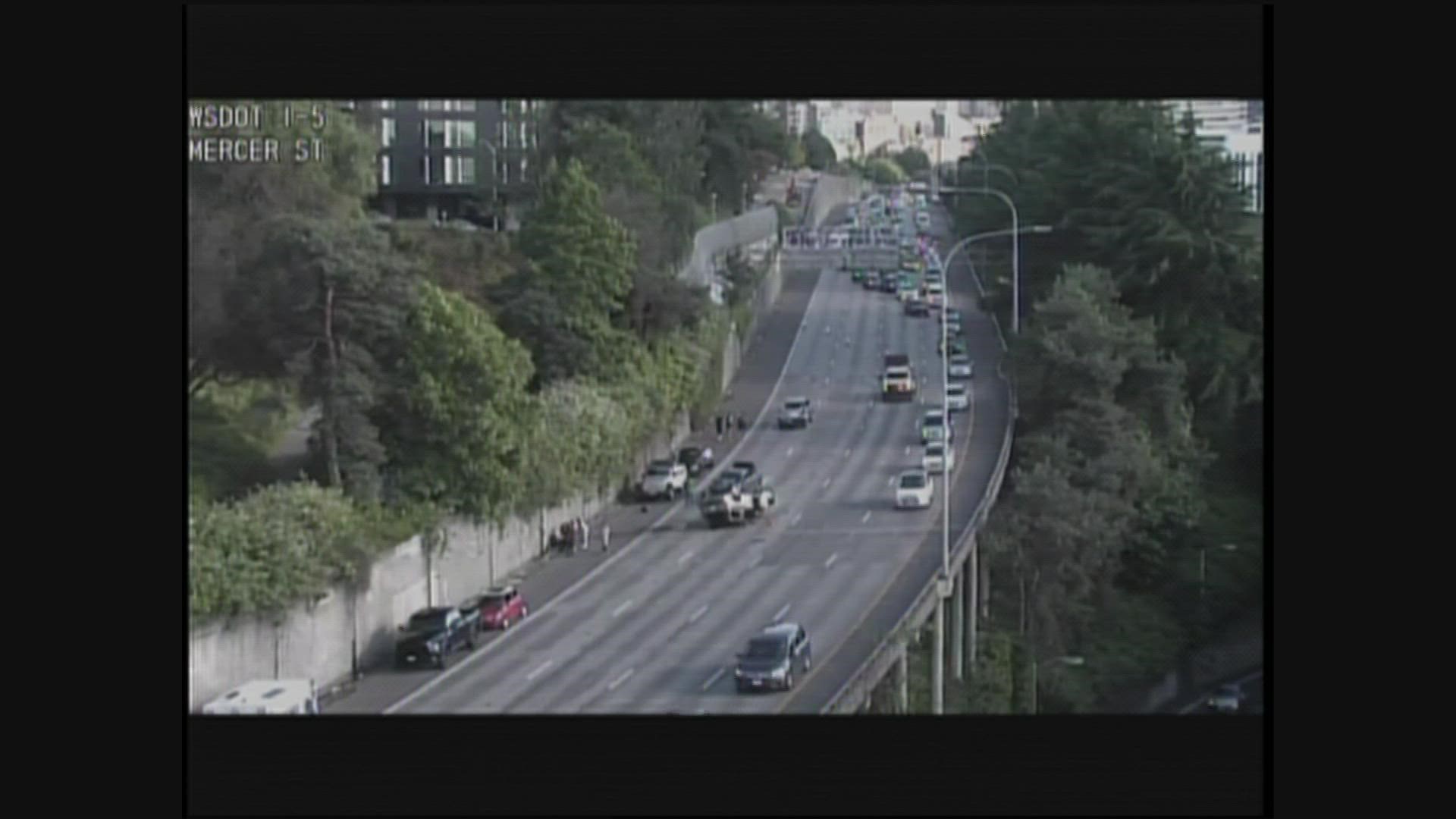 A crash on I-5 in Seattle is blocking three lanes of the freeway.