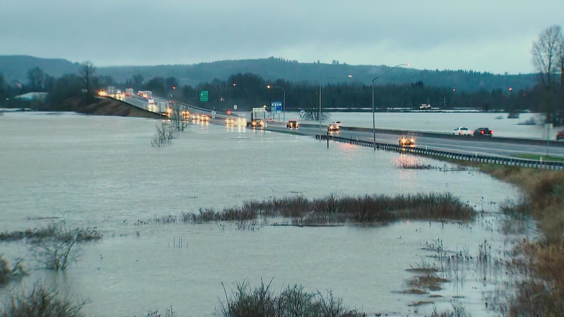 Melting snow combined with constant rainfall caused the Chehalis River to flood in Lewis County