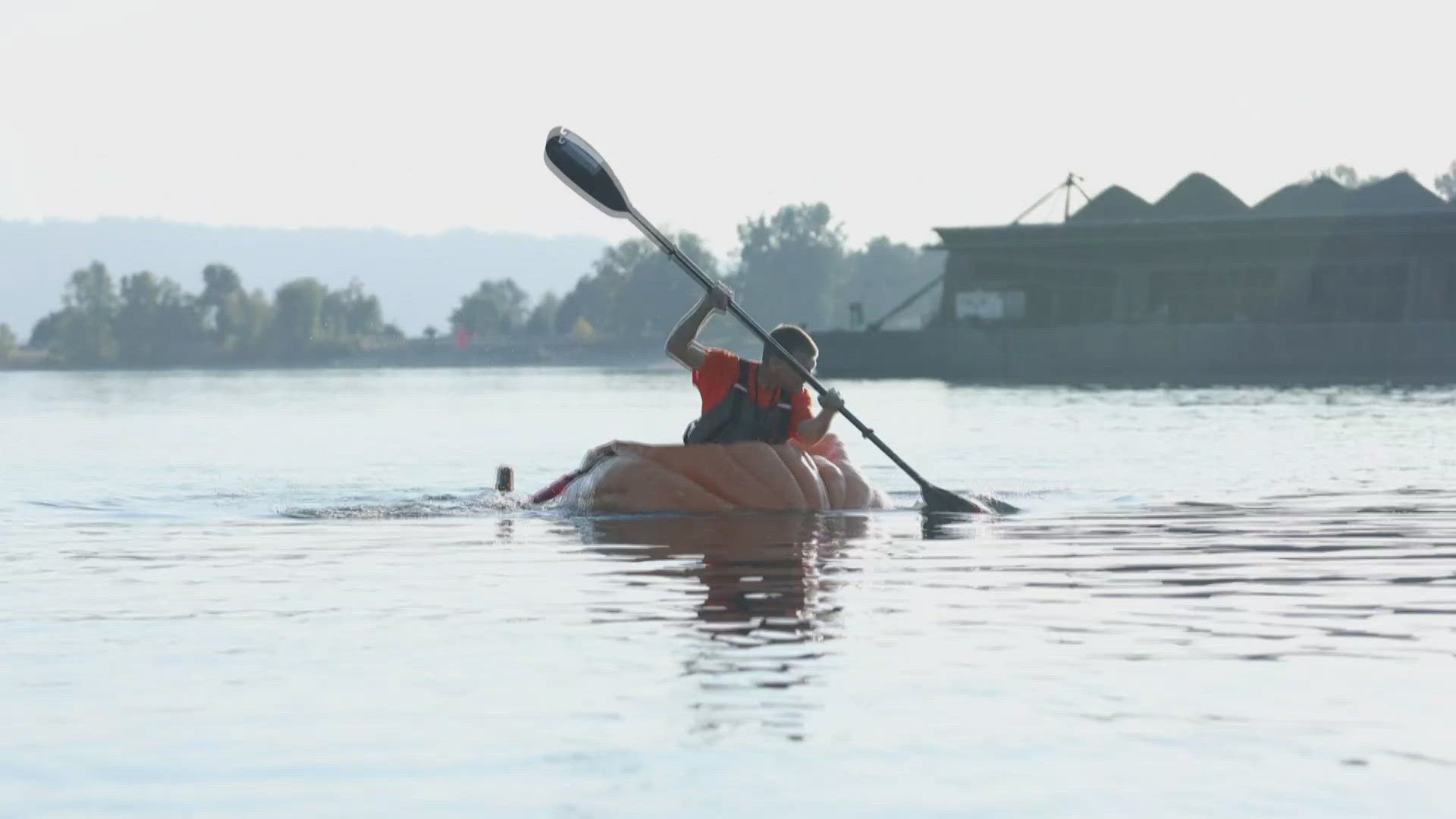 Gary Kristensen of Oregon attempted the record for the most miles paddled in a pumpkin.