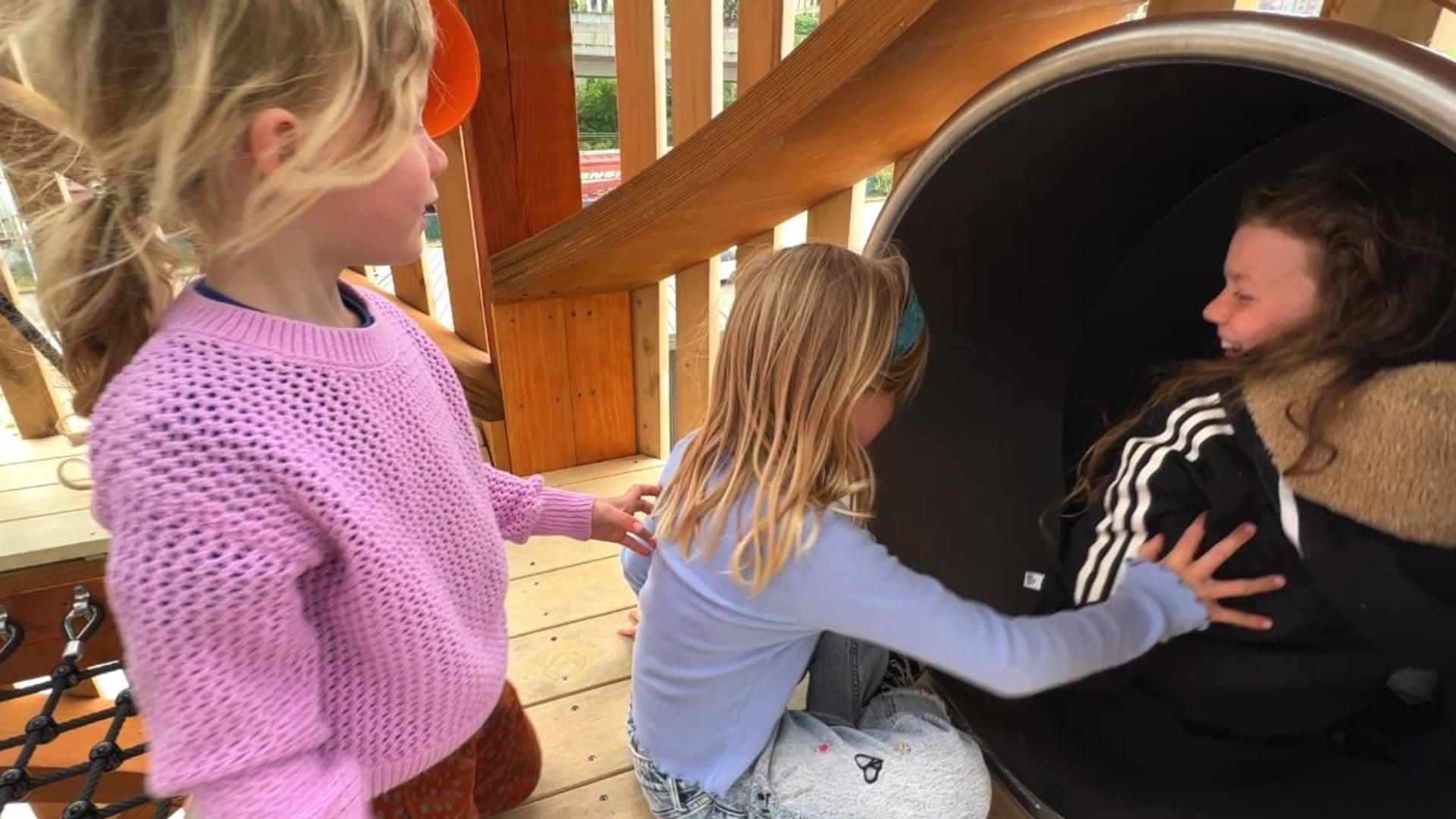 A 37-foot climbing tower and slide are the highlights of a new playground named for a community leader. #k5evening