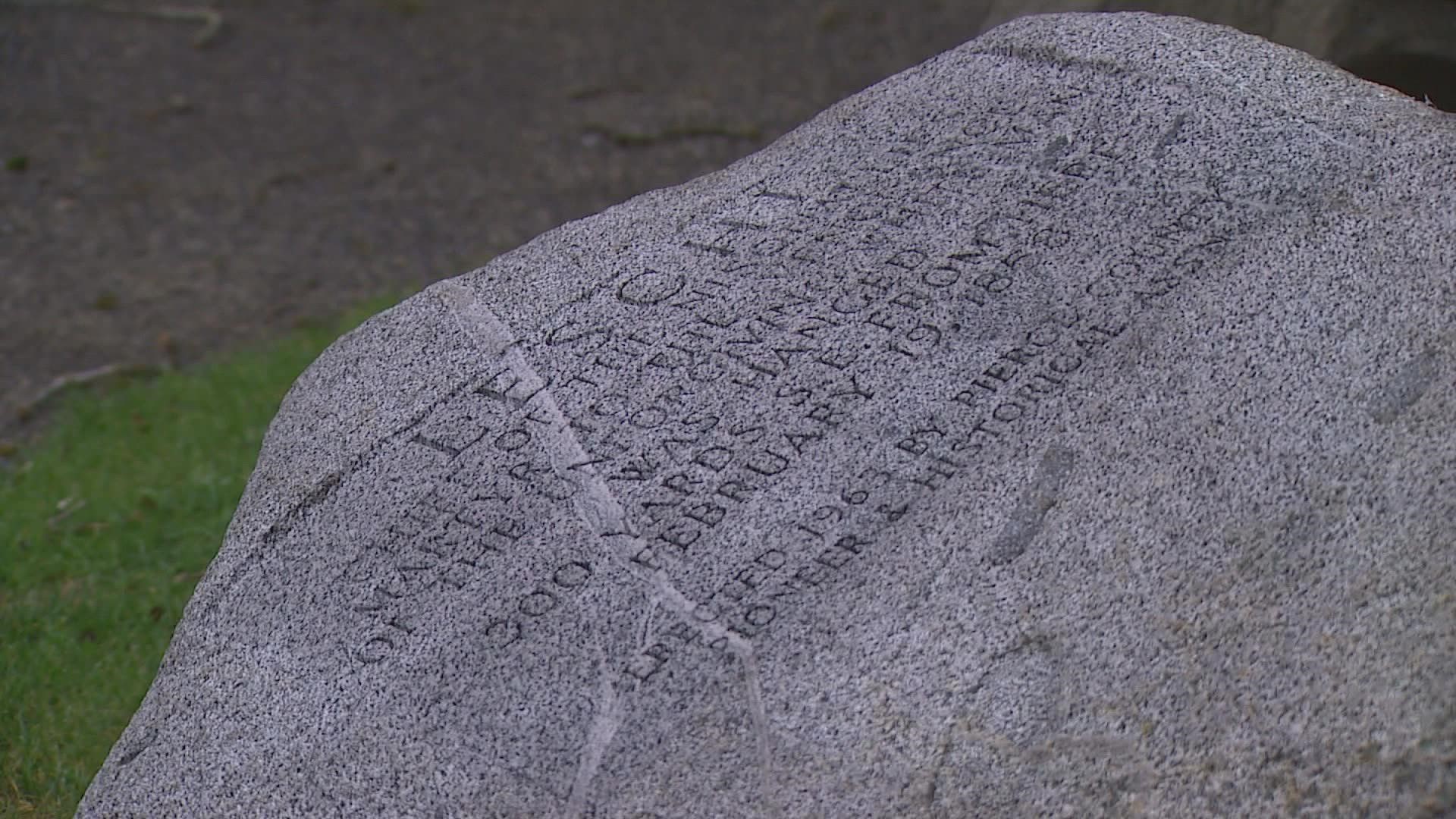 A marker of the death place of Nisqually Chief Leschi was damaged in December. It was put back in place this week