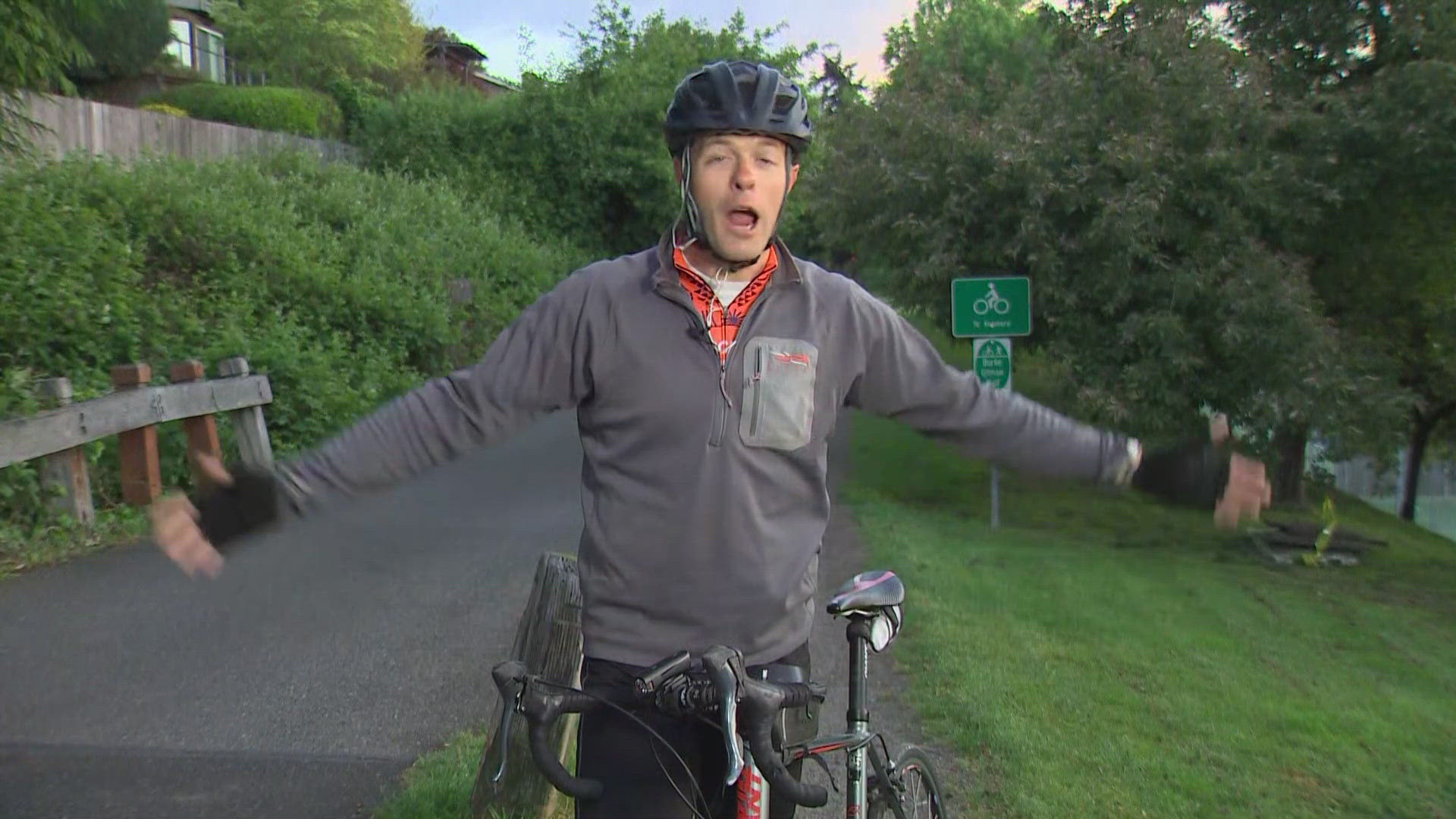 KING 5 Anchor Jake Whittenberg rode his bike to the studio, to encourage everyone to get out and enjoy the trails