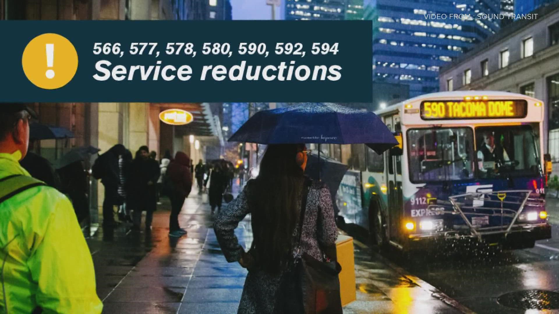 Sound Transit and Pierce Transit are reducing service along some routes due to a driver shortage, according to the companies. Changes go into effect Nov. 7.