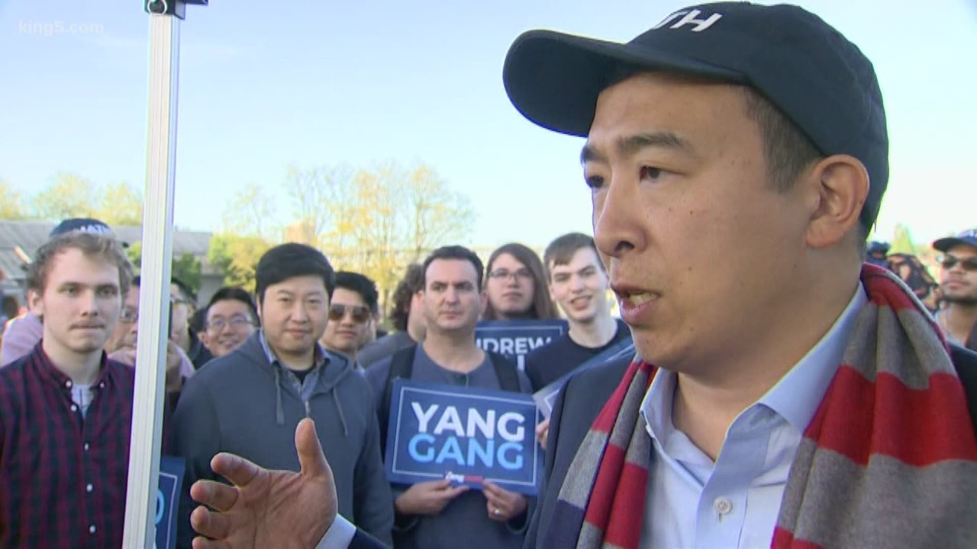 Tech entrepreneur Andrew Yang said his flagship proposal if elected president would be to implement Universal Basic Income of $1,000 a month for every American adult. KING 5's Natalie Swaby met Yang in Seattle.