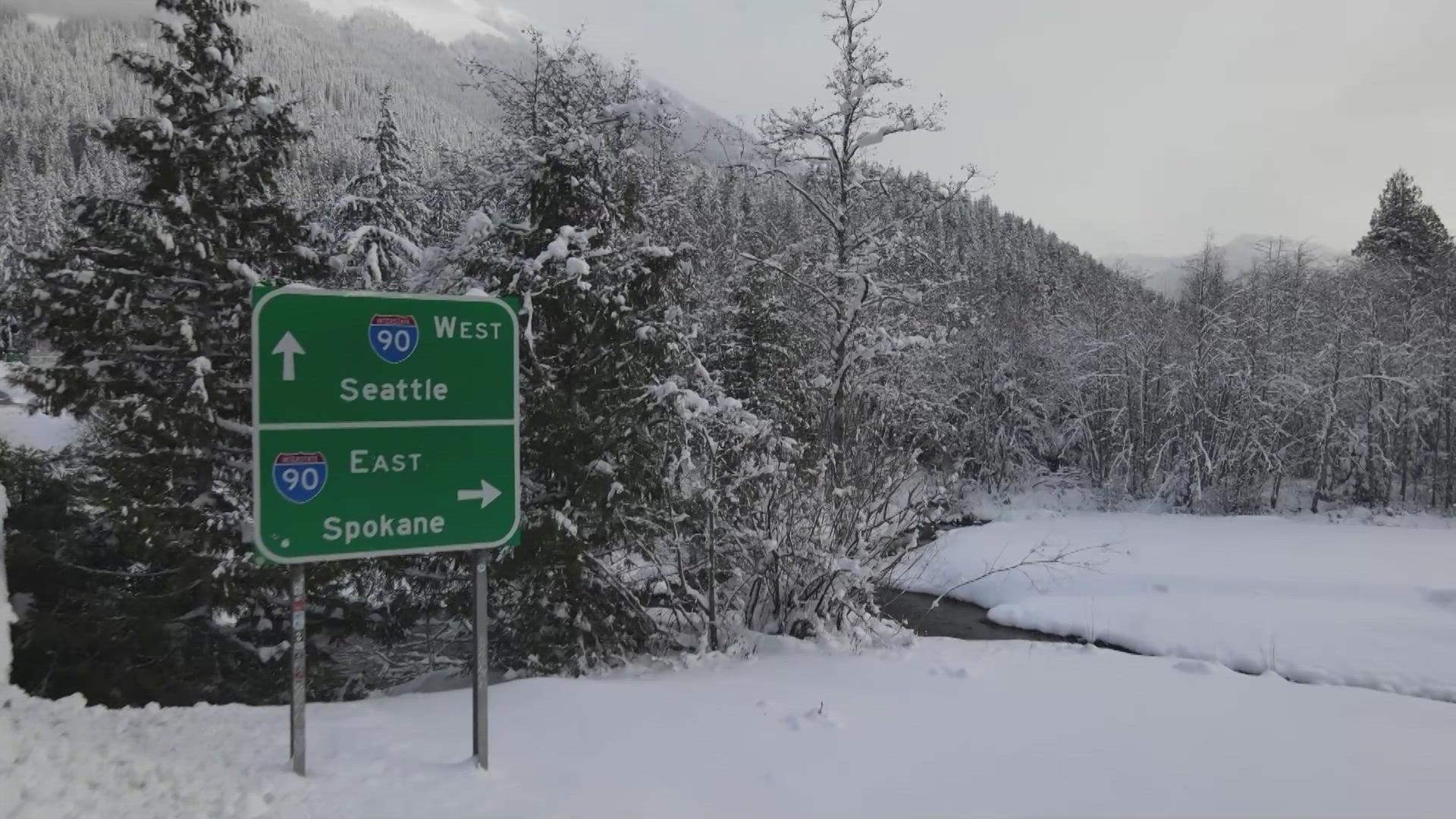 Fly over a snow-covered Snoqualmie Pass.