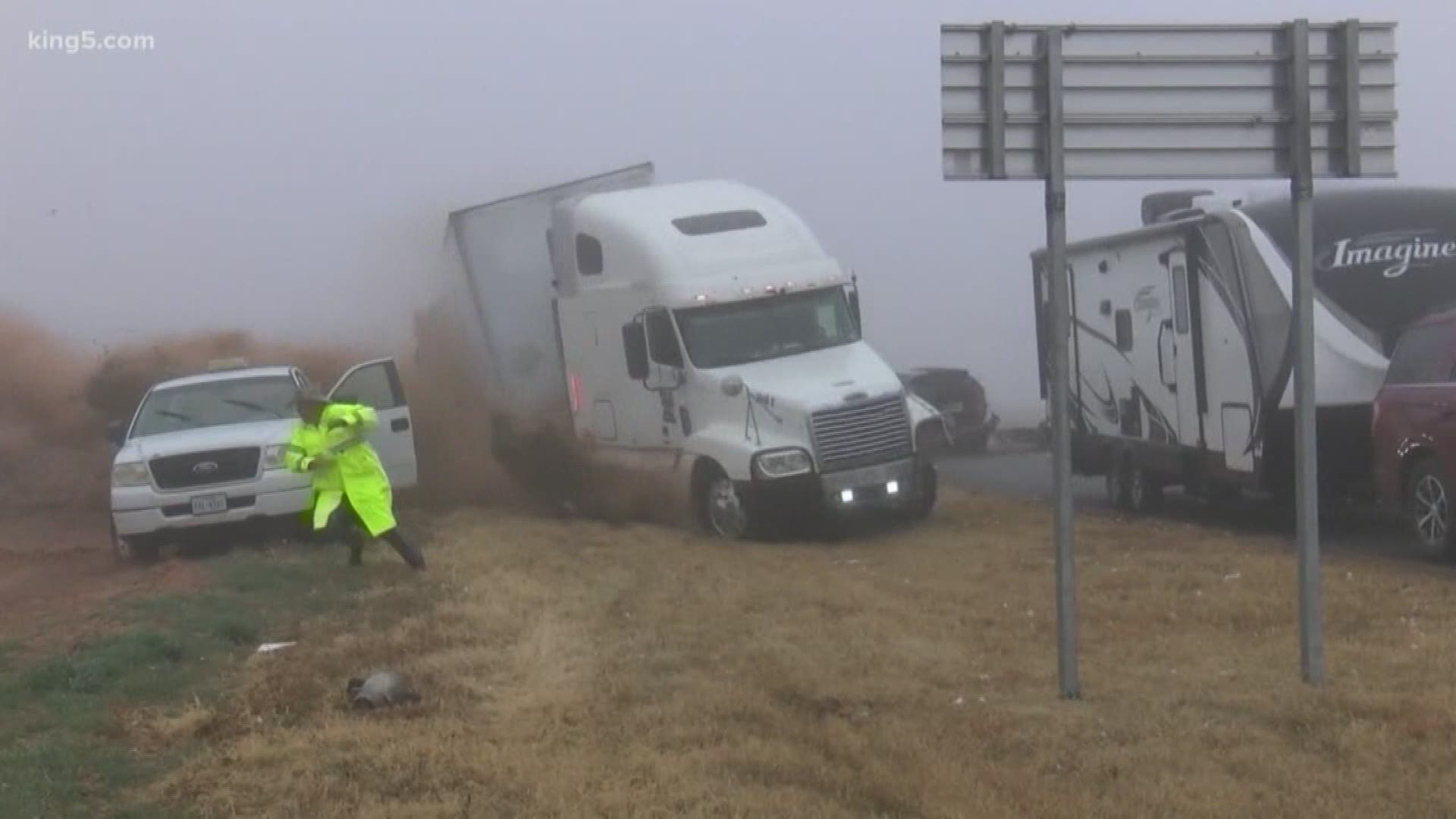A tractor trailer speeding down a highway loses control as the driver tries to avoid a major pileup.
It happened in Lubbock County, Texas.