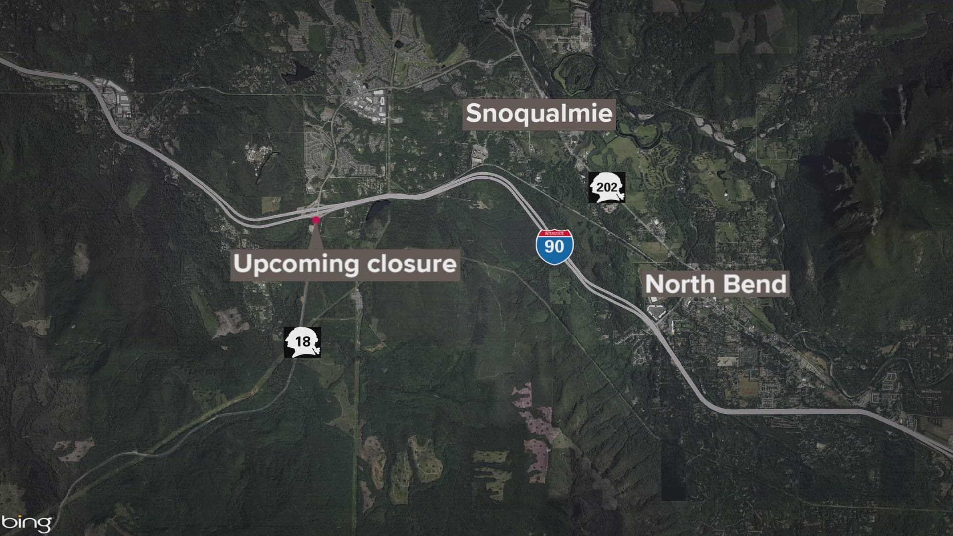 Part of Hwy 18 near Snoqualmie will shut down between May 29 at 9 PM and June 4 at 5 AM