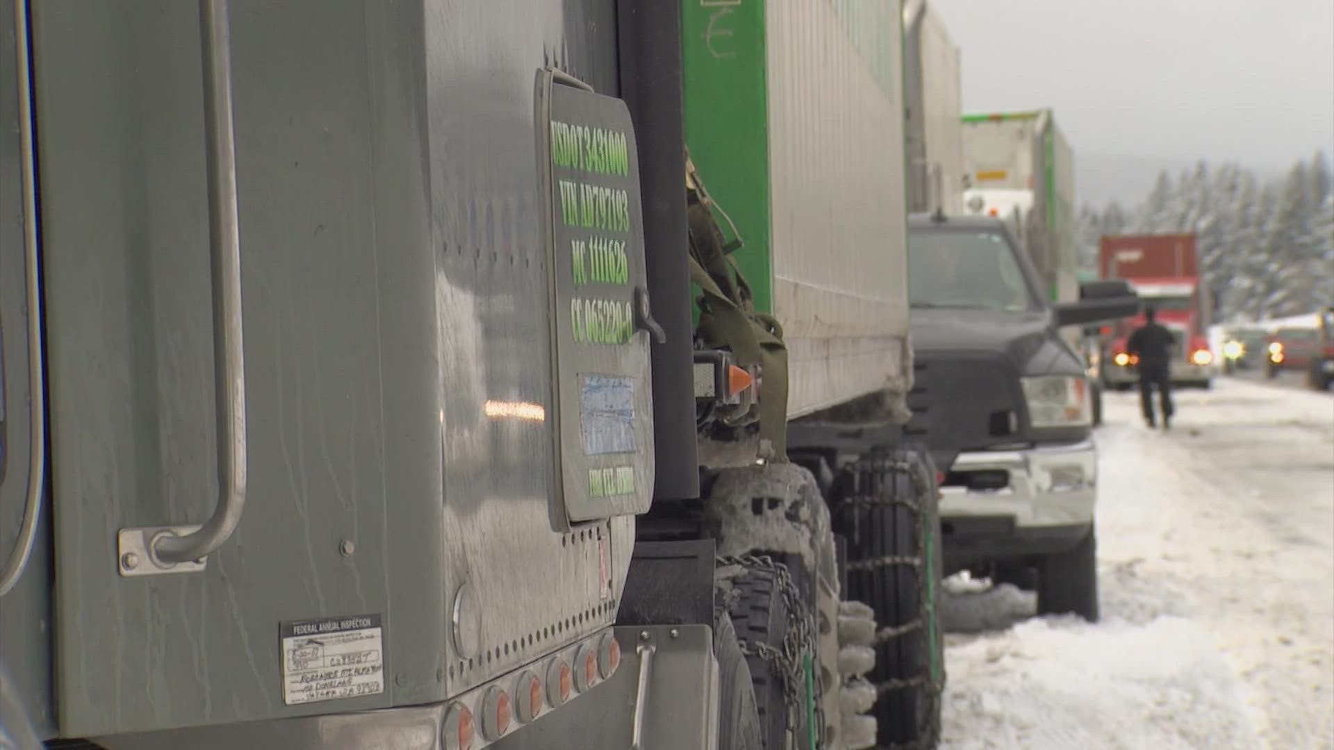 Some truckers headed over the pass were stopped at the summit for hours Thursday while crews attempted to clear the roadway.