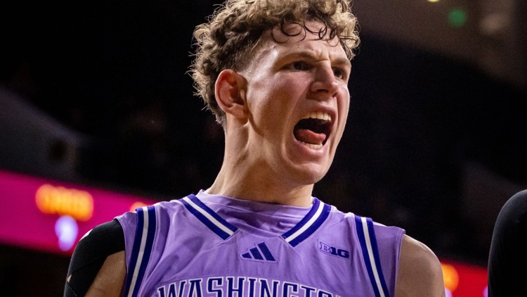 Washington forward Hannes Steinbach (6) reacts during the second half of an NCAA college basketball game, Saturday, Dec. 6, 2025, in Los Angeles.