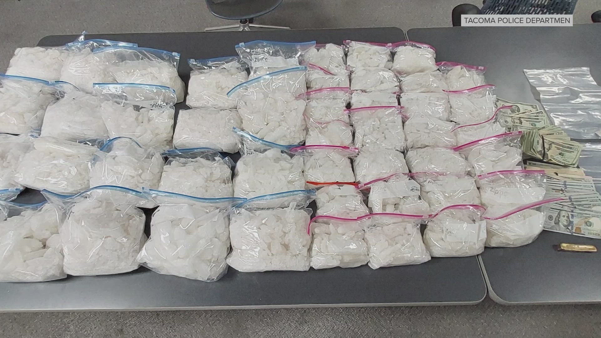 Tacoma police arrested a man trafficking 89 pounds of meth, 400 grams of cocaine, 166 grams of fentanyl powder and 33 grams of heroin from California 