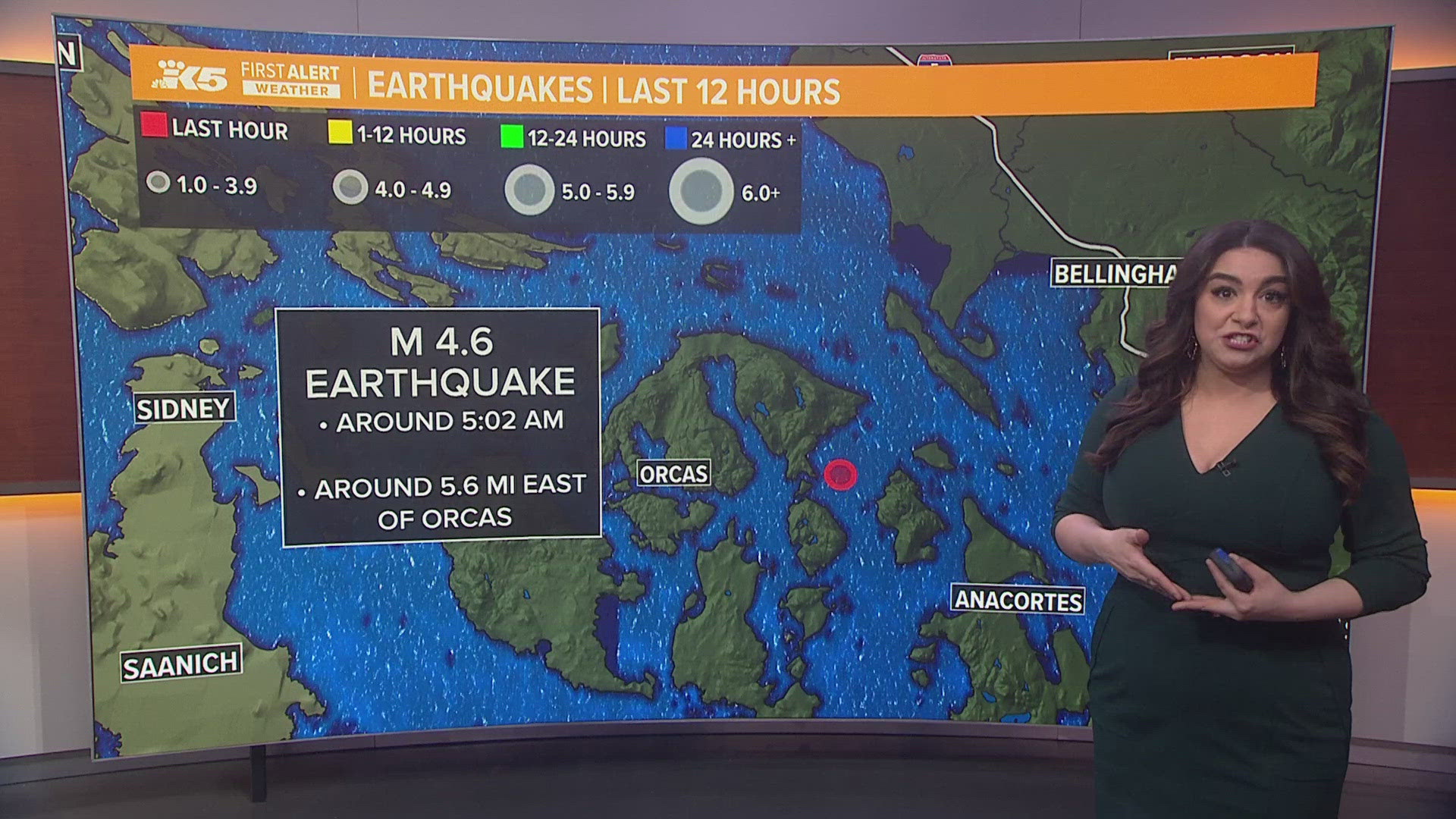 A magnitude 4.6 earthquake was felt approximately 5.6 miles east of Orcas Island early Monday morning 