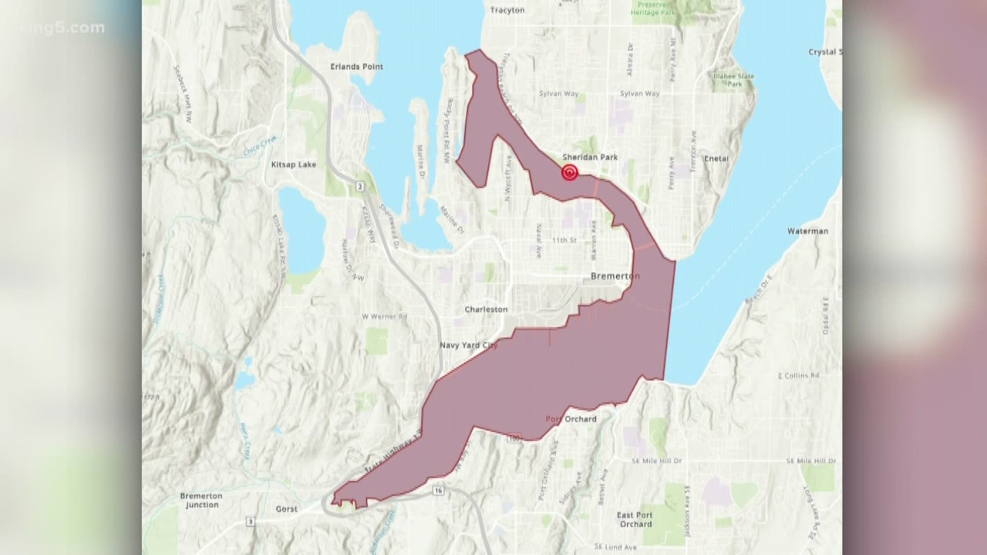 Bremerton Public Works reports more than 82,000 gallons of sewage spilled near Sinclair Inlet and the Port Washington Narrows. A no-contact order is now in effect.