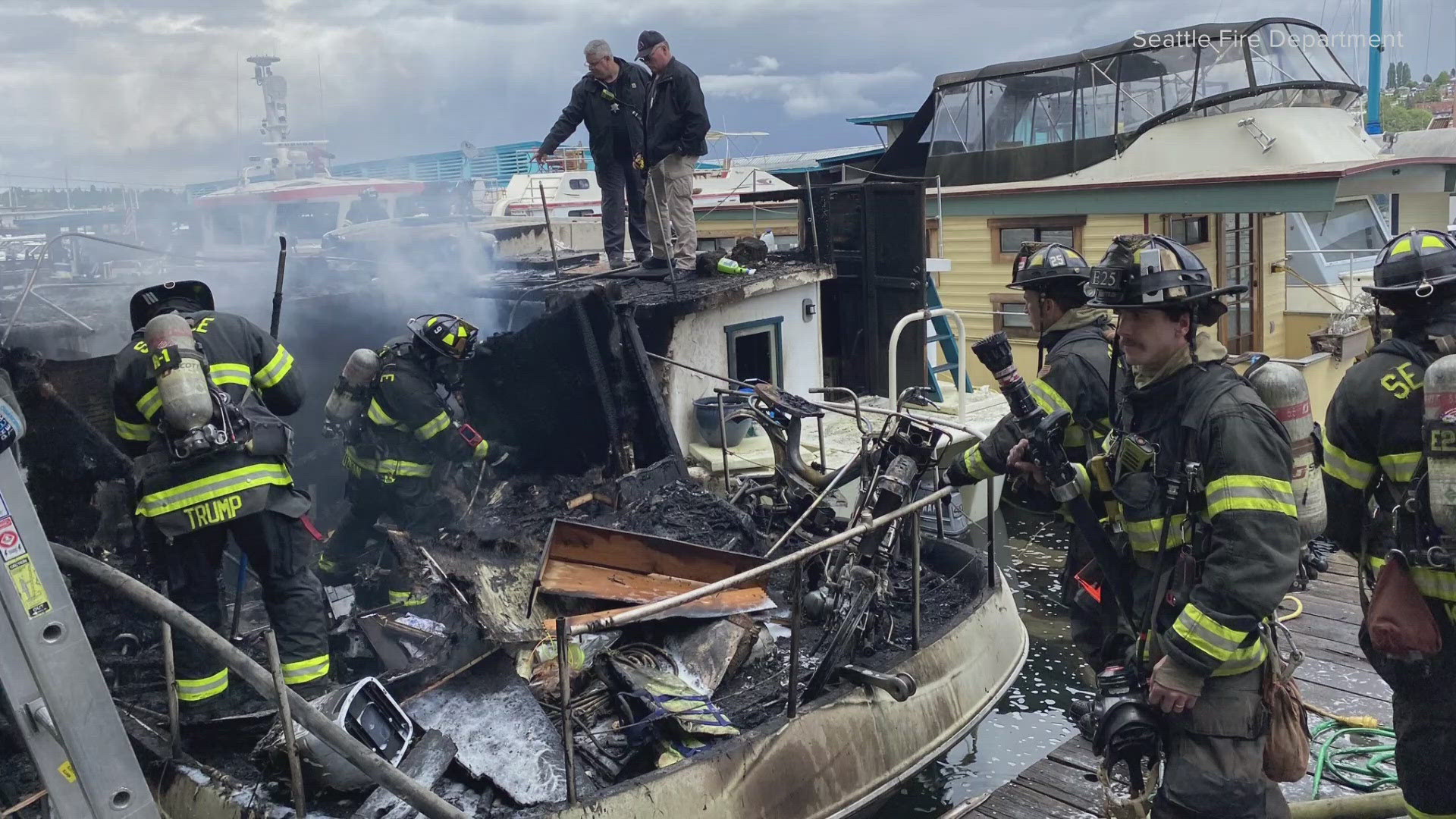 Crews responded to the 1800 block of Westlake Avenue North where two houseboats were on fire, according to Seattle Fire.