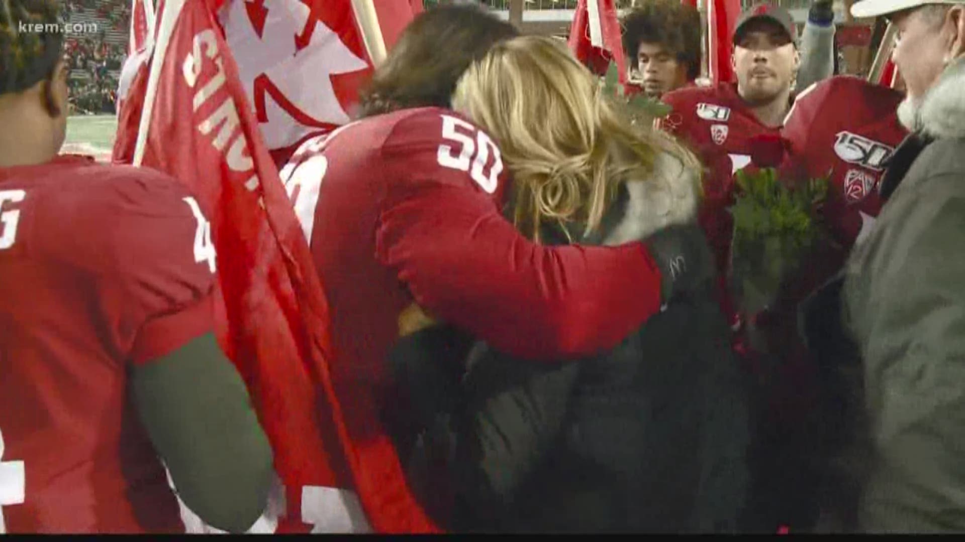 Instead of first announcing the names of the seniors, the team and head coach Mike Leach honored Tyler by embracing the Hilinski family, who made the trek to Pullman