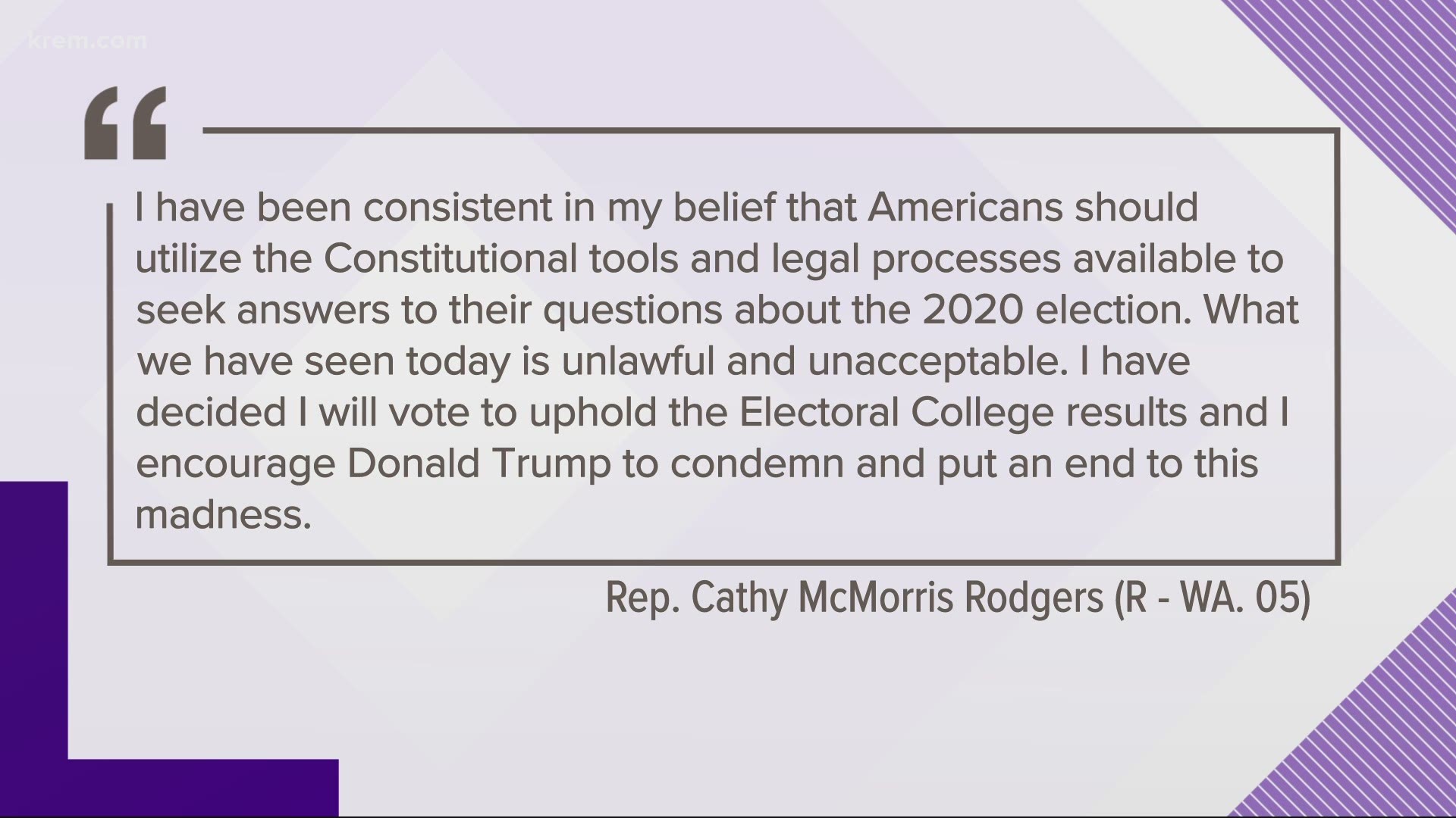 Representative Cathy McMorris Rodgers changed course after violent mobs entered the U.S. Capitol and will now no longer object to the Electoral College results.