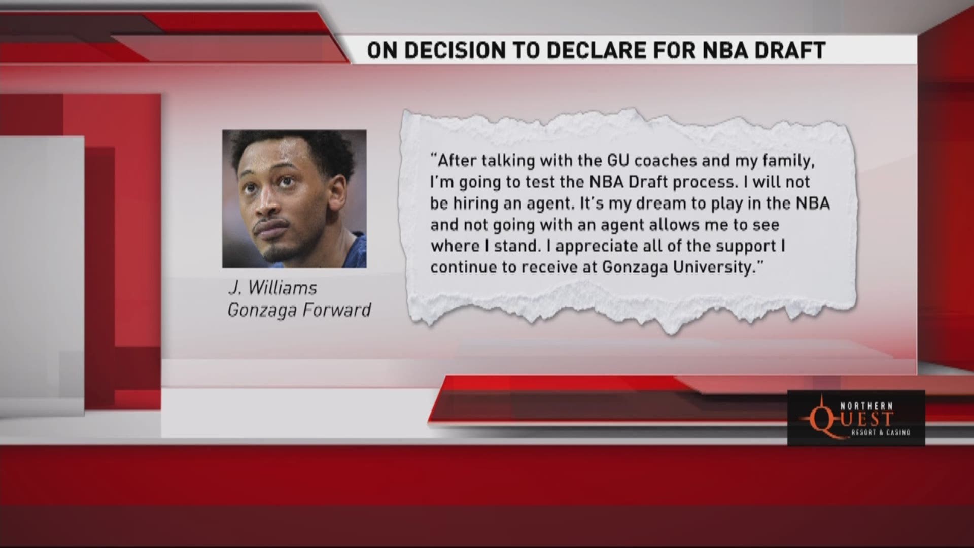 Gonzaga's Johnathan Williams announced Friday he intends to test the NBA Draft waters but will not hire an agent.