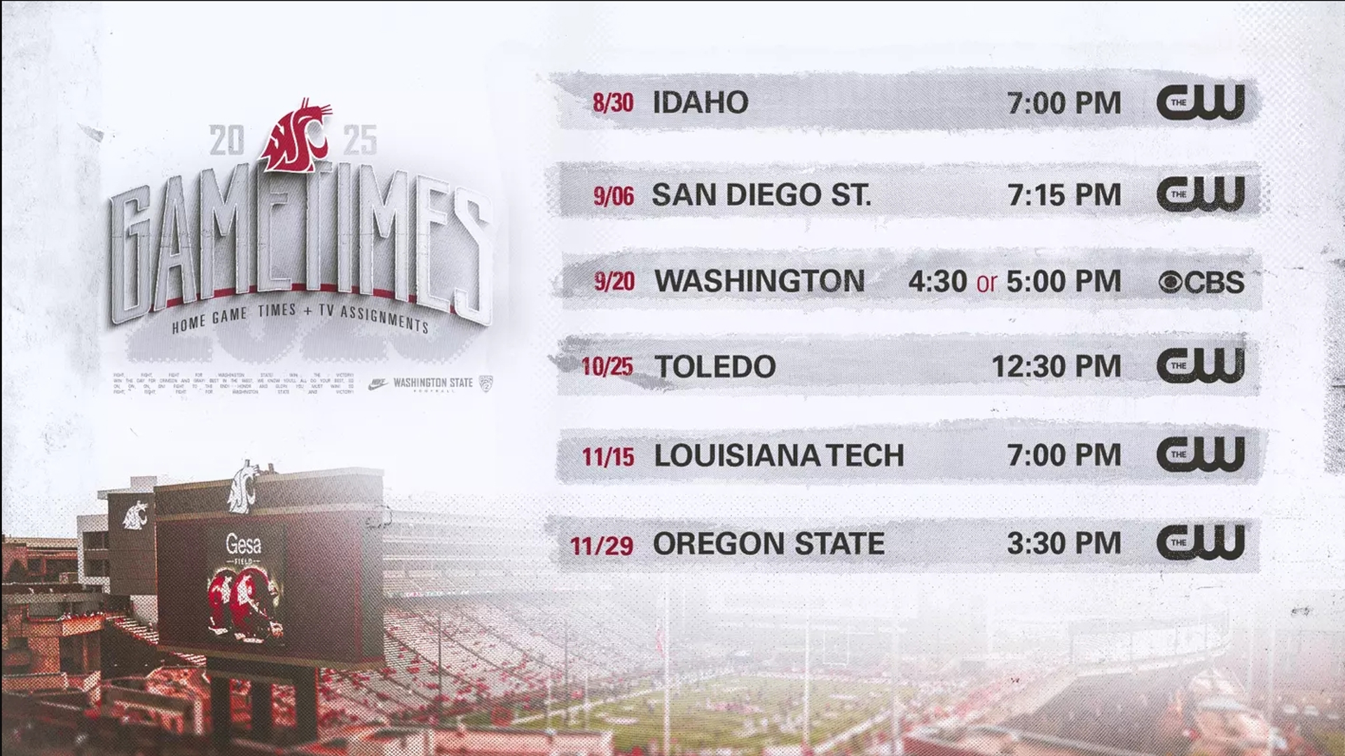 The Cougs will have seven games in 2025 televised on either KREM 2 or KSKN 22 The Spot. 