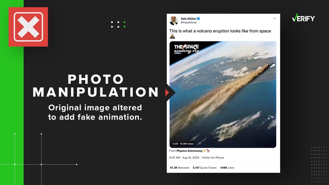 Film przedstawiający erupcję wulkanu z kosmosu jest modyfikacją zdjęcia NASA