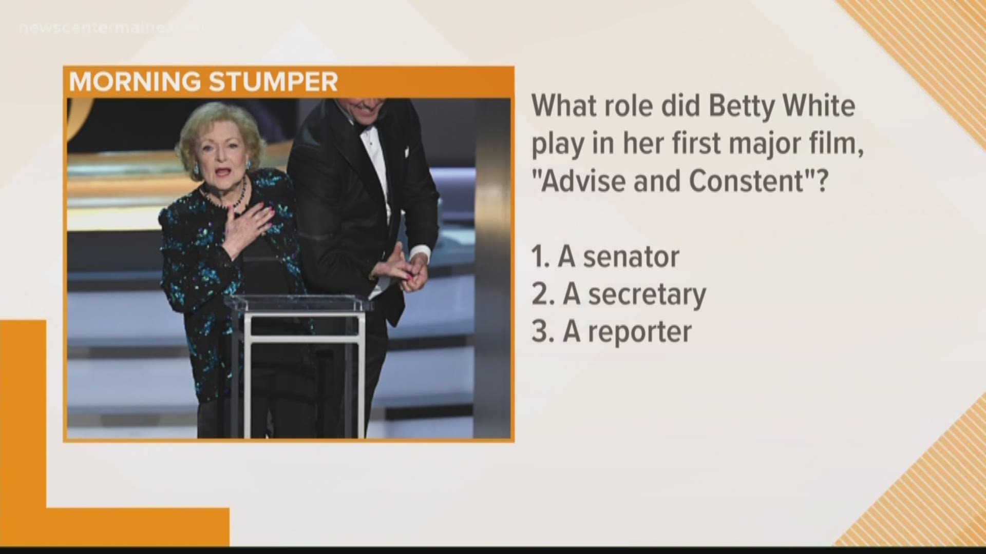 For today's stumper we asked: what role did Betty White play in her first major movie, "Advise & Consent?”