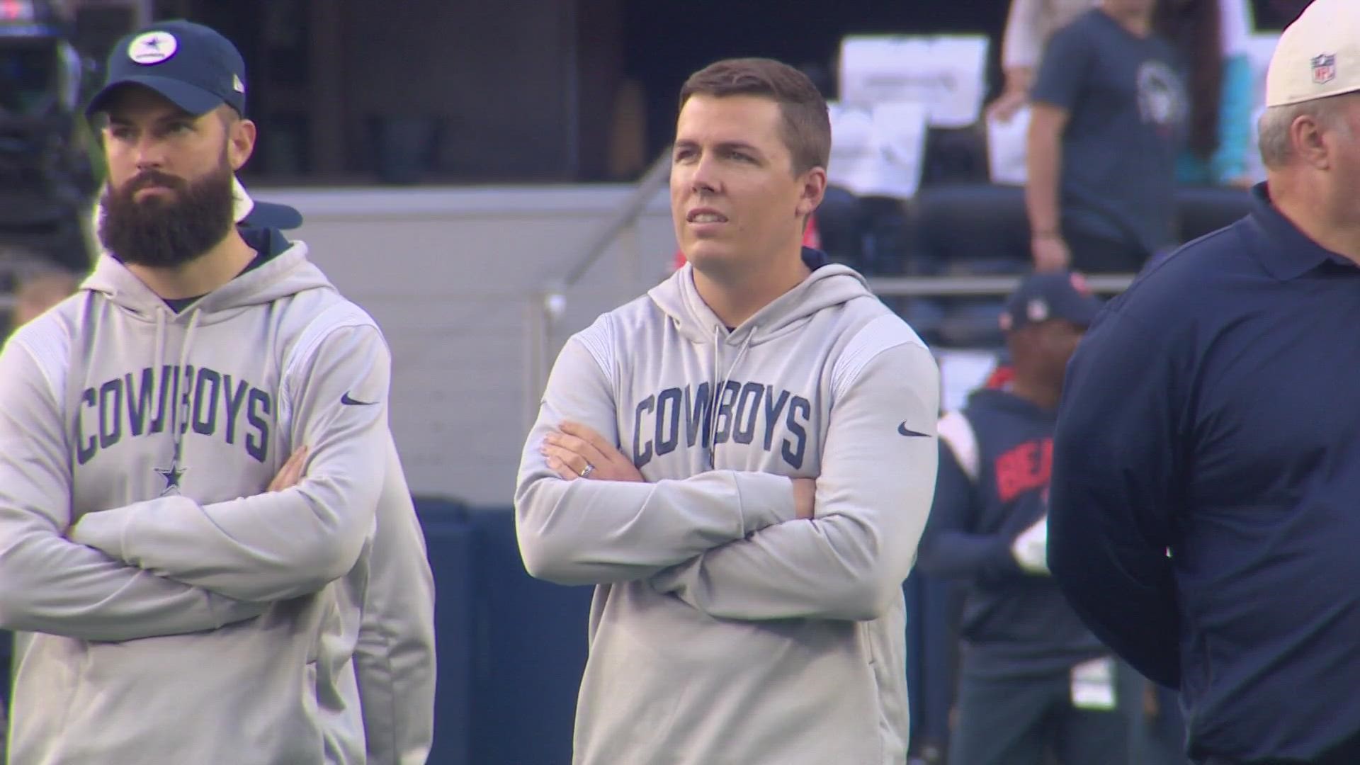 Dallas Cowboys offensive coordinator Kellen Moore reacts to a play