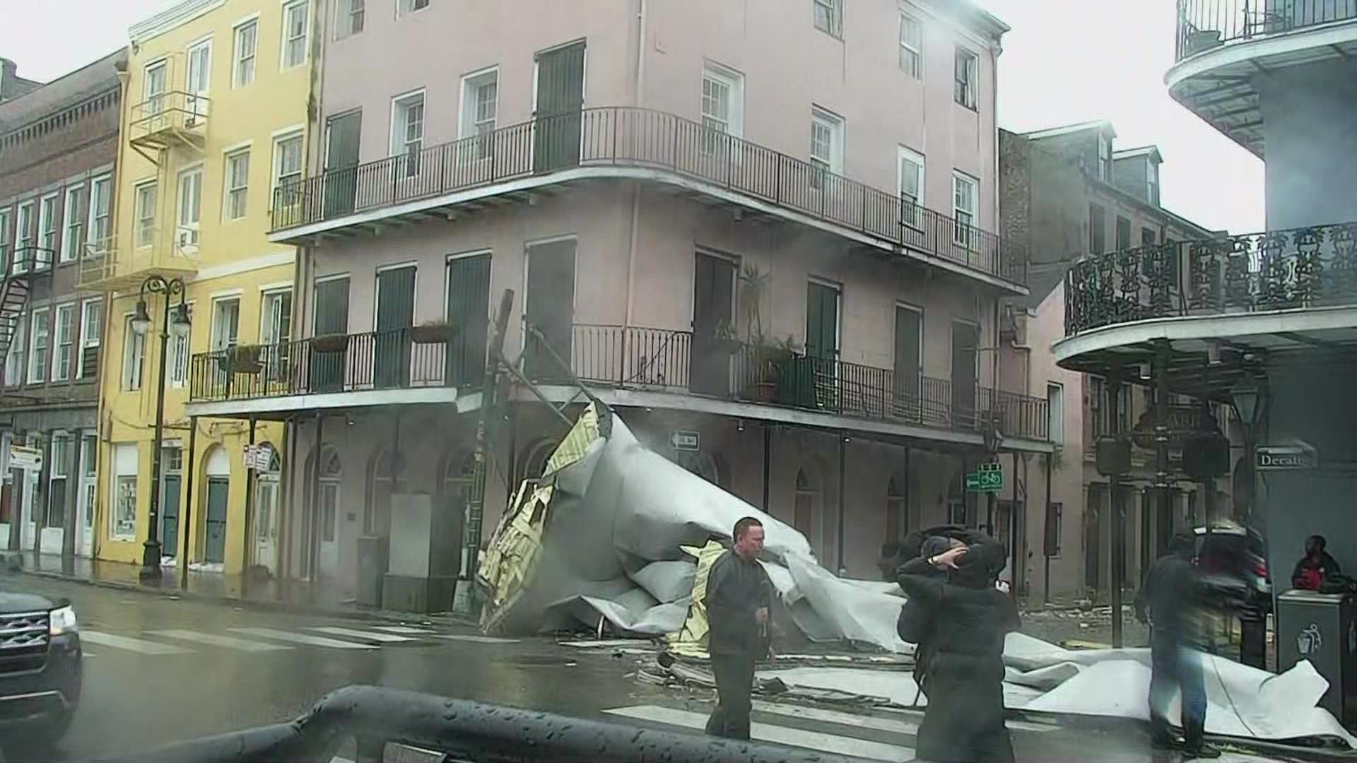 What appears to be a roof has been ripped from a French Quarter building and tossed onto the street as Hurricane Ida approaches New Orleans.